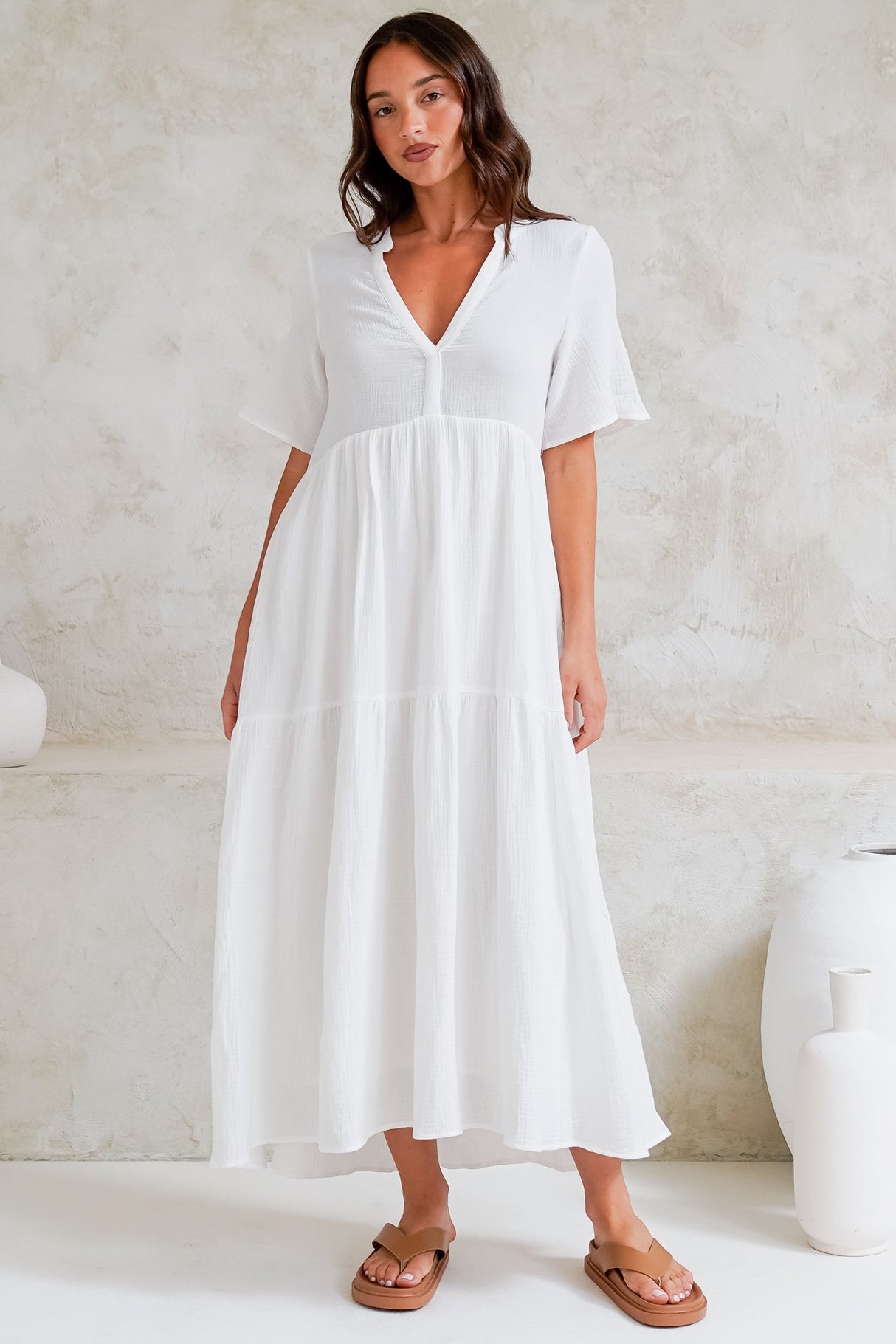 Laysa Maxi Dress - Mandarin Collar Buttoned Bodice Short Sleeve Dress in White