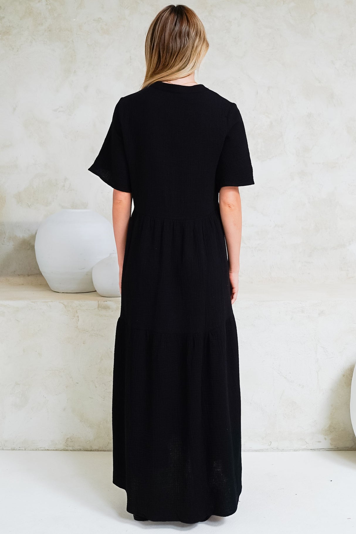 Laysa Maxi Dress - Mandarin Collar Short Sleeve Dress in Black