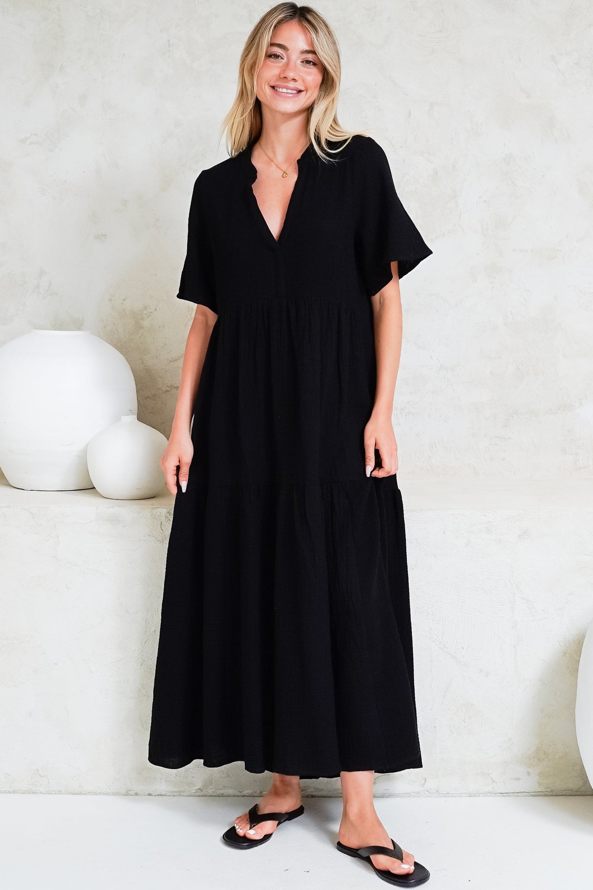 Laysa Maxi Dress - Mandarin Collar Short Sleeve Dress in Black