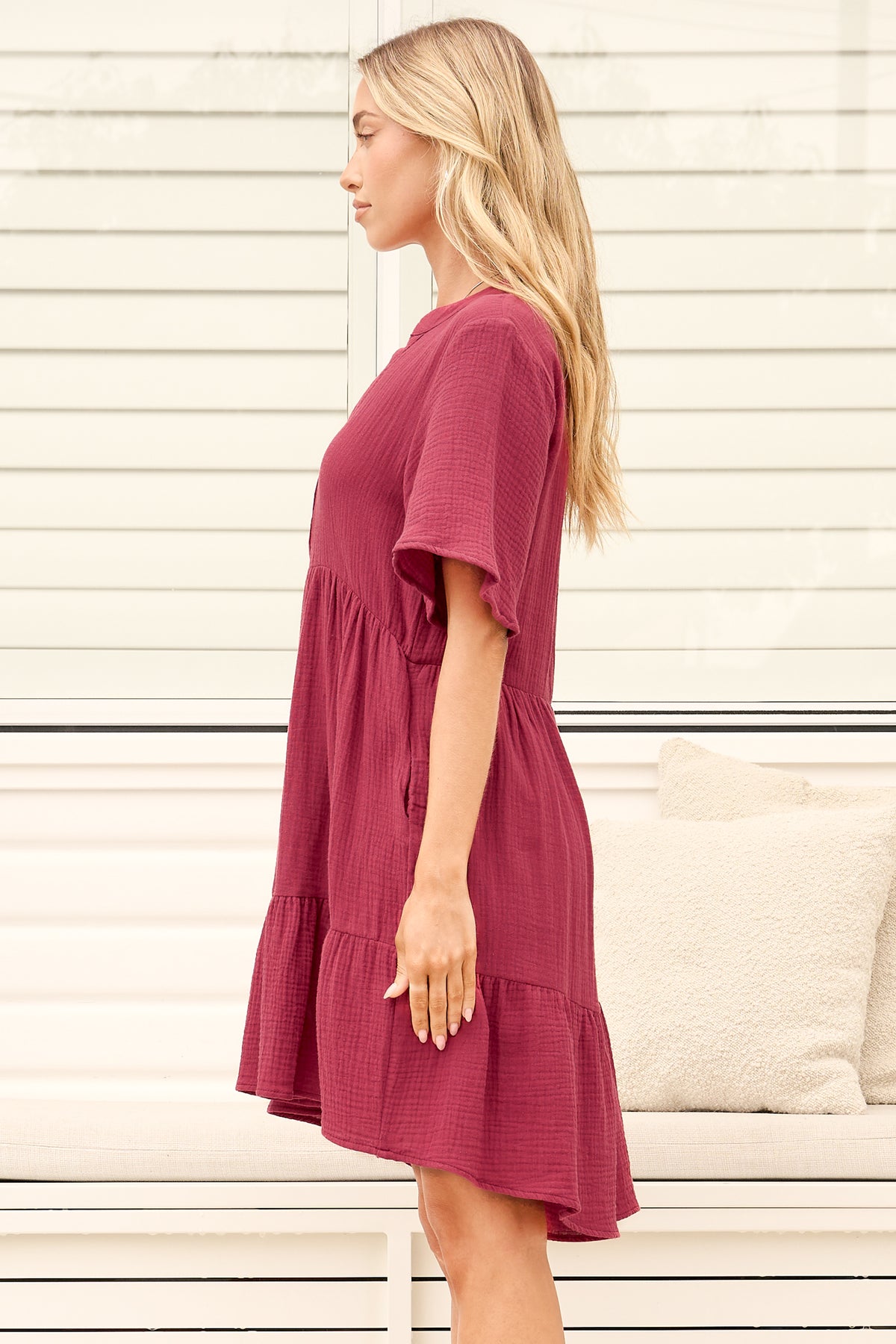 Laysa Mini Dress - Mandarin Collar Short Sleeve Tiered Dress in Berry
