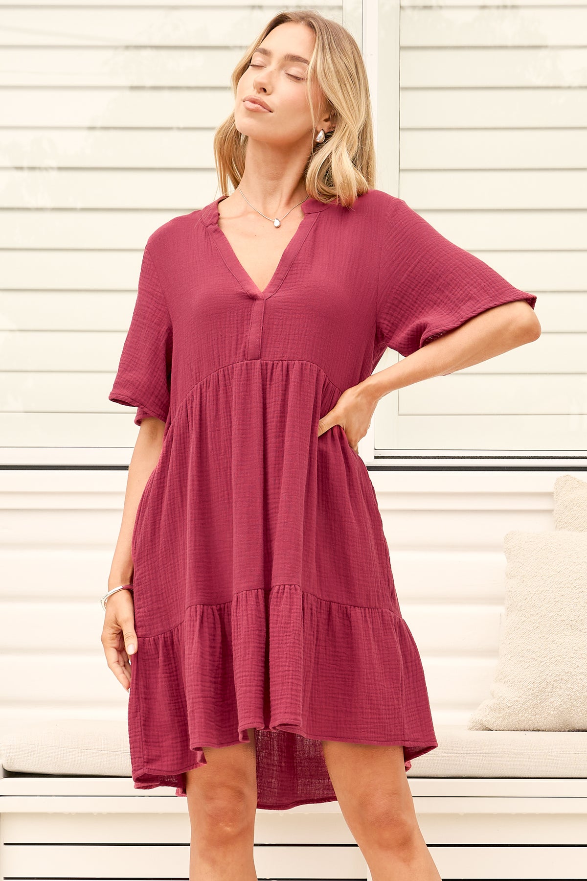 Laysa Mini Dress - Mandarin Collar Short Sleeve Tiered Dress in Berry