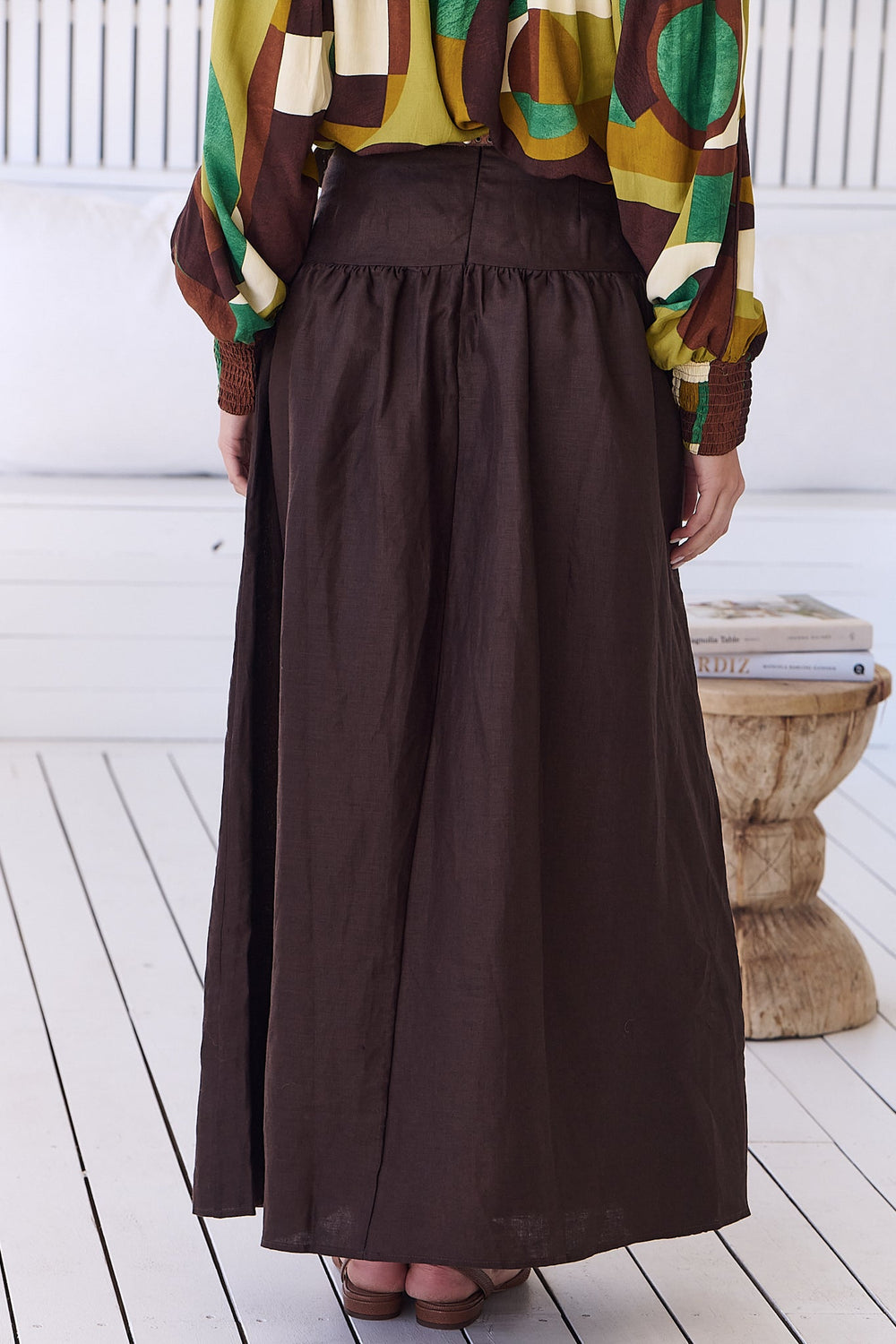 JAASE - Lea Maxi Skirt: High Waisted Linen Skirt with Split in Chocolate