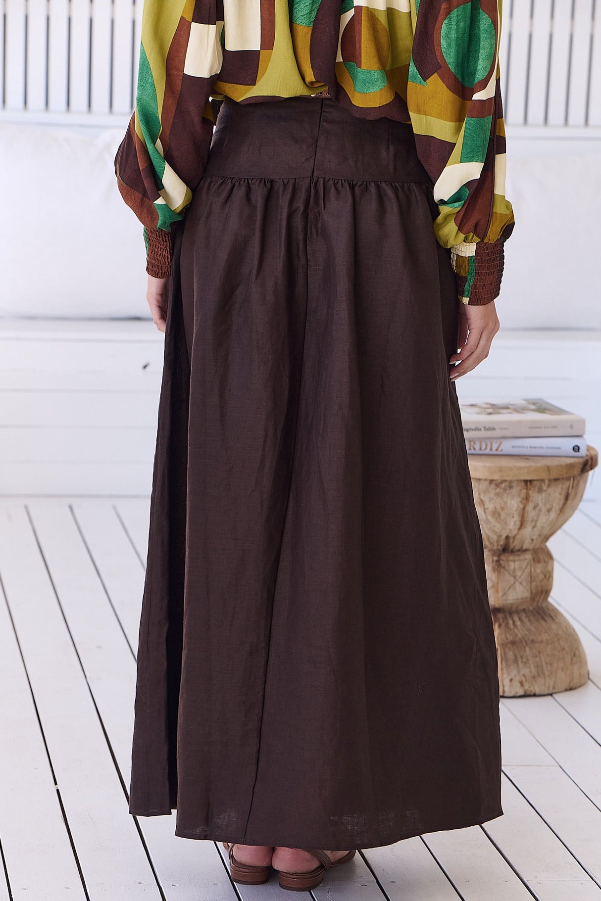JAASE - Lea Maxi Skirt: High Waisted Linen Skirt with Split in Chocolate