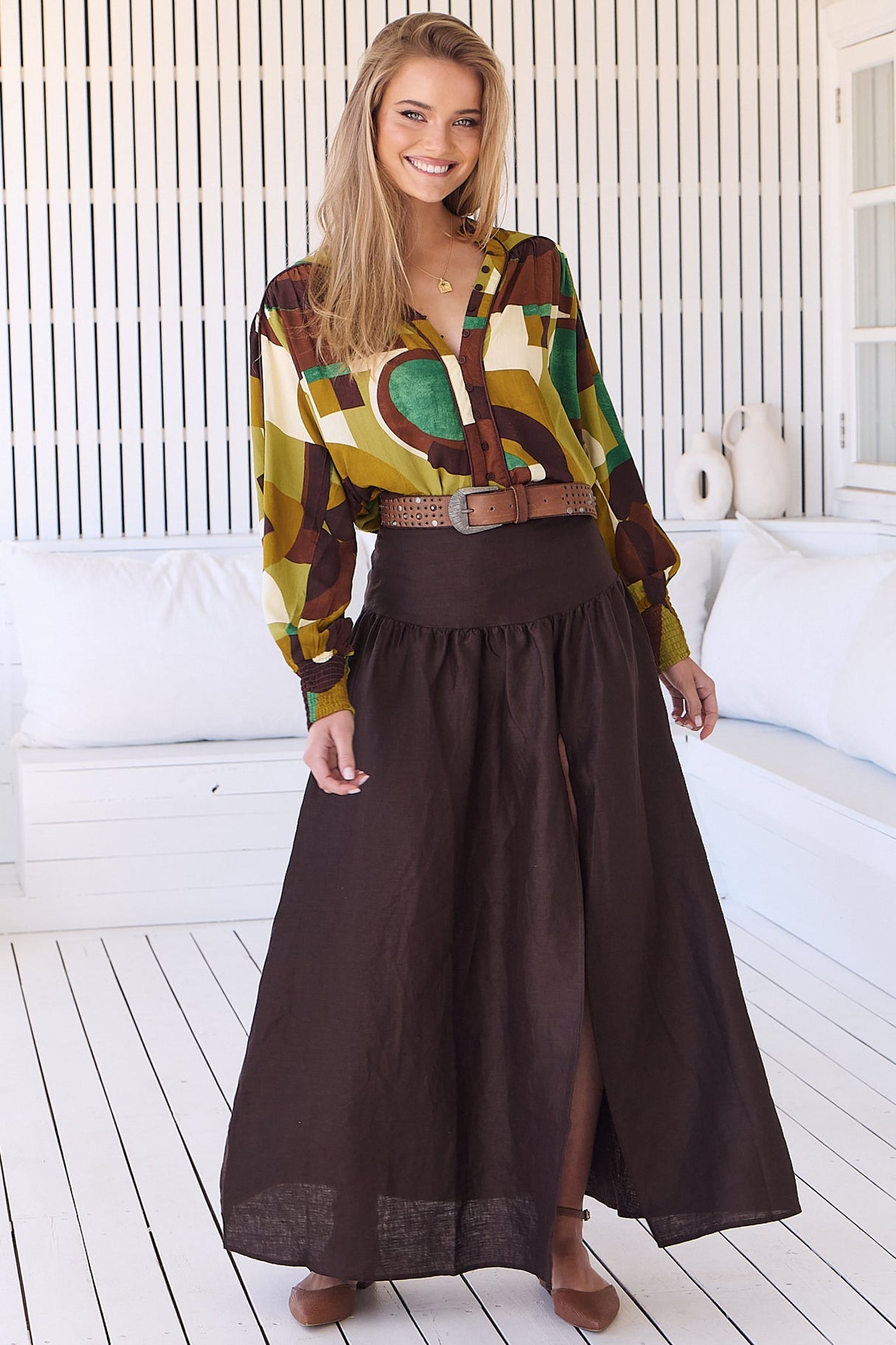 JAASE - Lea Maxi Skirt: High Waisted Linen Skirt with Split in Chocolate