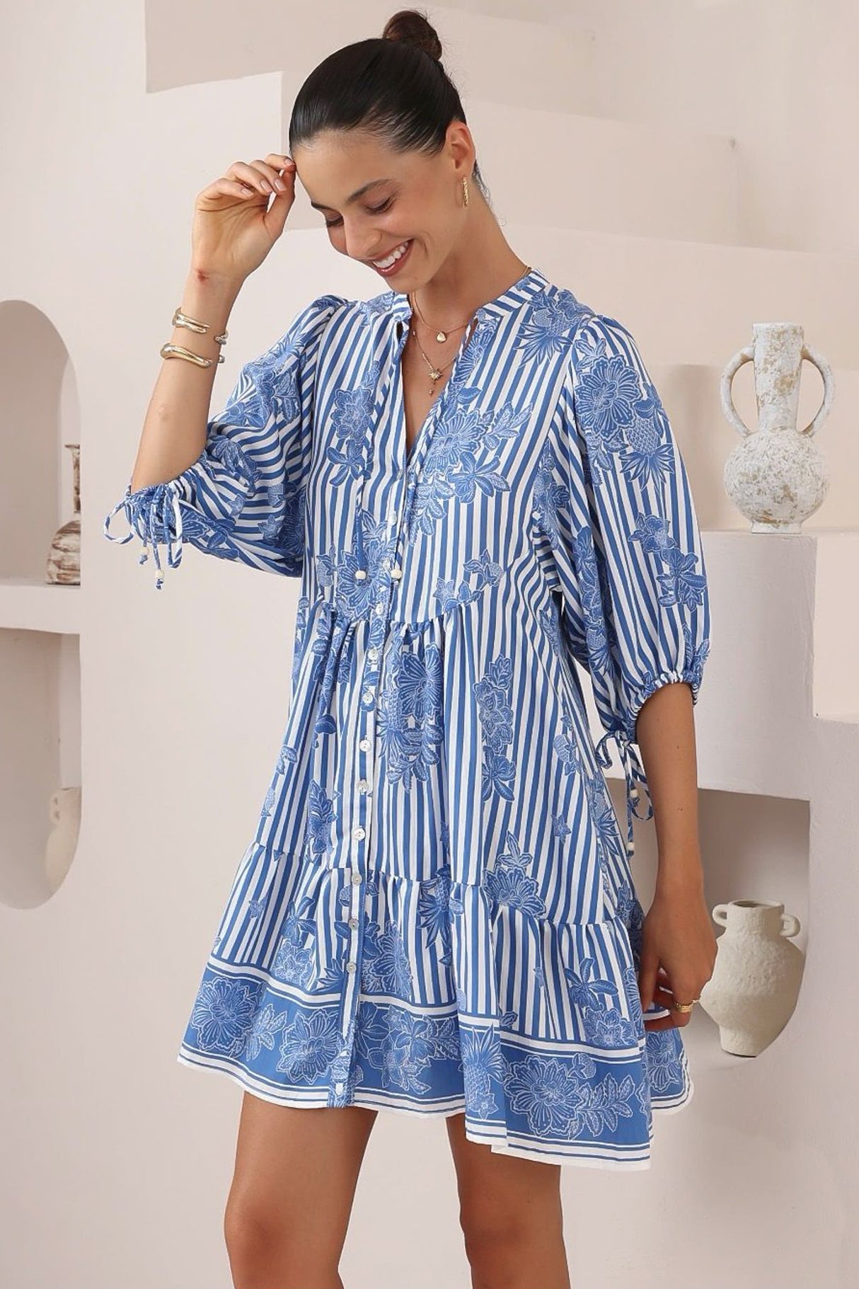 Lea Mini Dress - 3/4 Sleeve Babydoll Dress in Keller Print