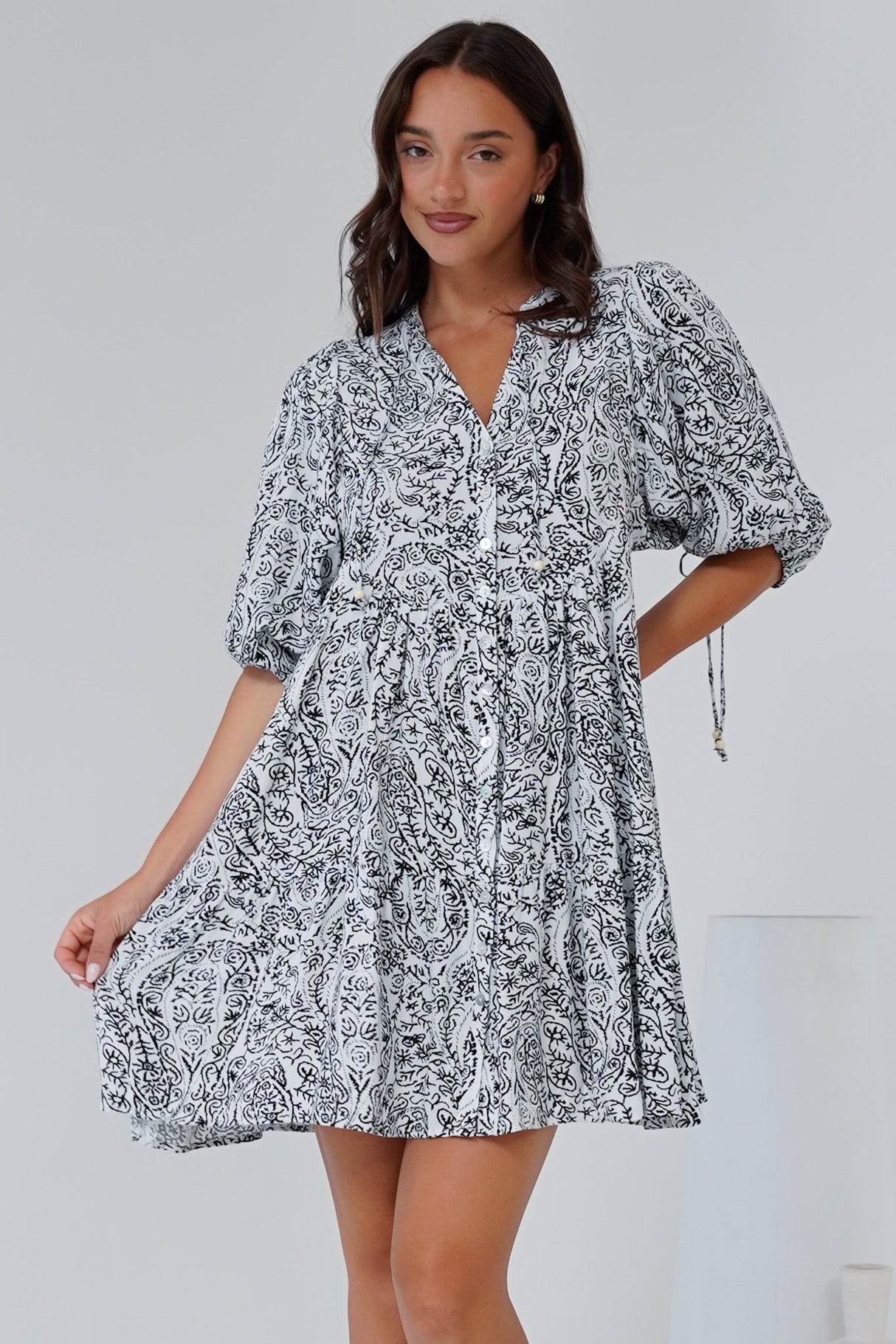Lea Mini Dress - 3/4 Sleeve Babydoll Dress in Linetti Print