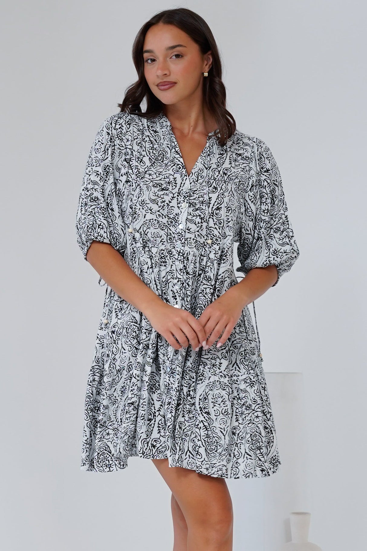 Lea Mini Dress - 3/4 Sleeve Babydoll Dress in Linetti Print