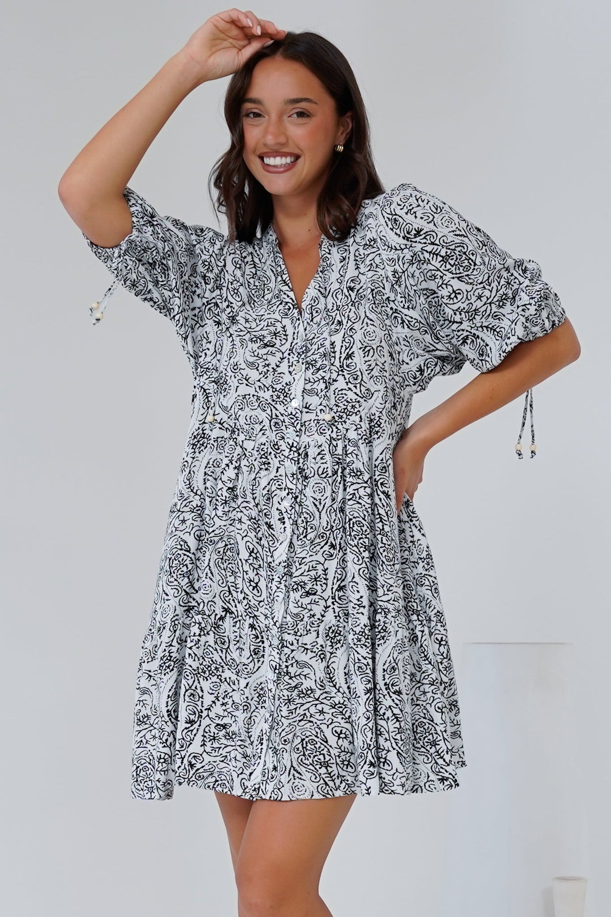 Lea Mini Dress - 3/4 Sleeve Babydoll Dress in Linetti Print