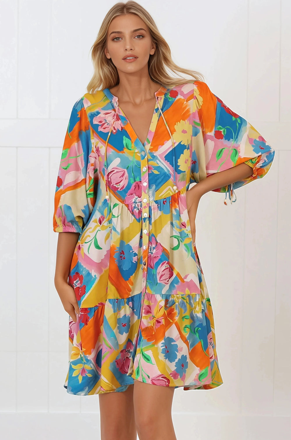 Lea Mini Dress - 3/4 Sleeve Babydolll Dress in Seraphina Print