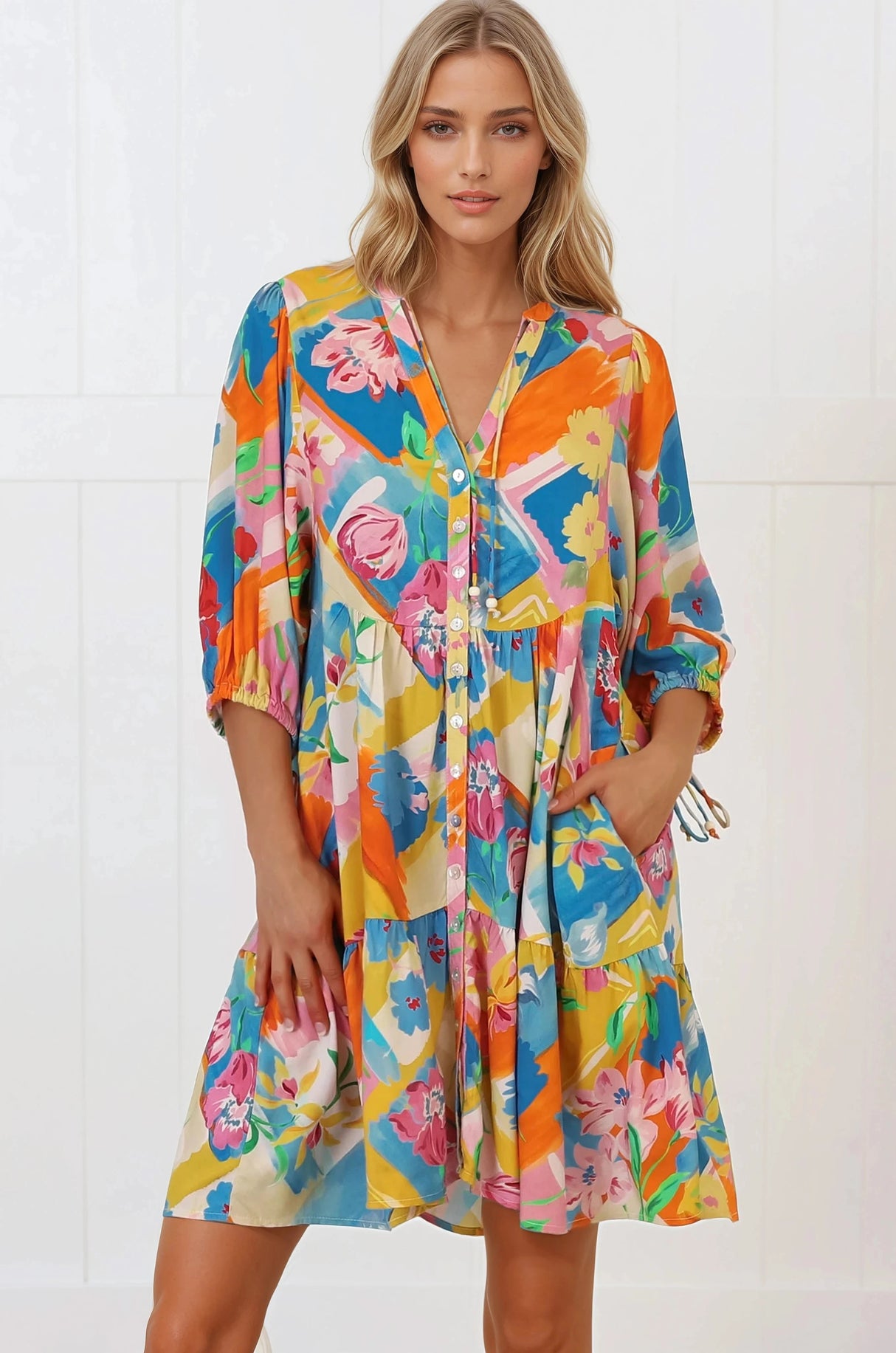 Lea Mini Dress - 3/4 Sleeve Babydolll Dress in Seraphina Print