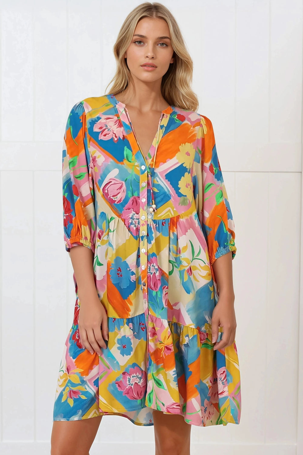 Lea Mini Dress - 3/4 Sleeve Babydolll Dress in Seraphina Print