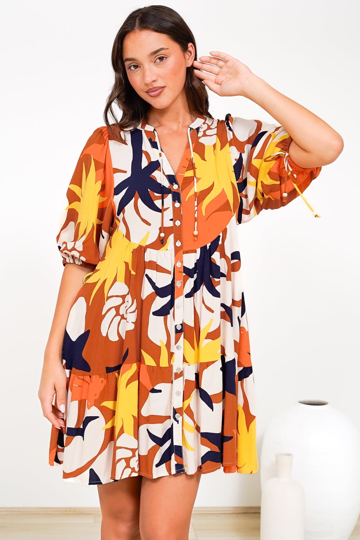 Lea Mini Dress - 3/4 Sleeve Babydoll Dress in Simba Print