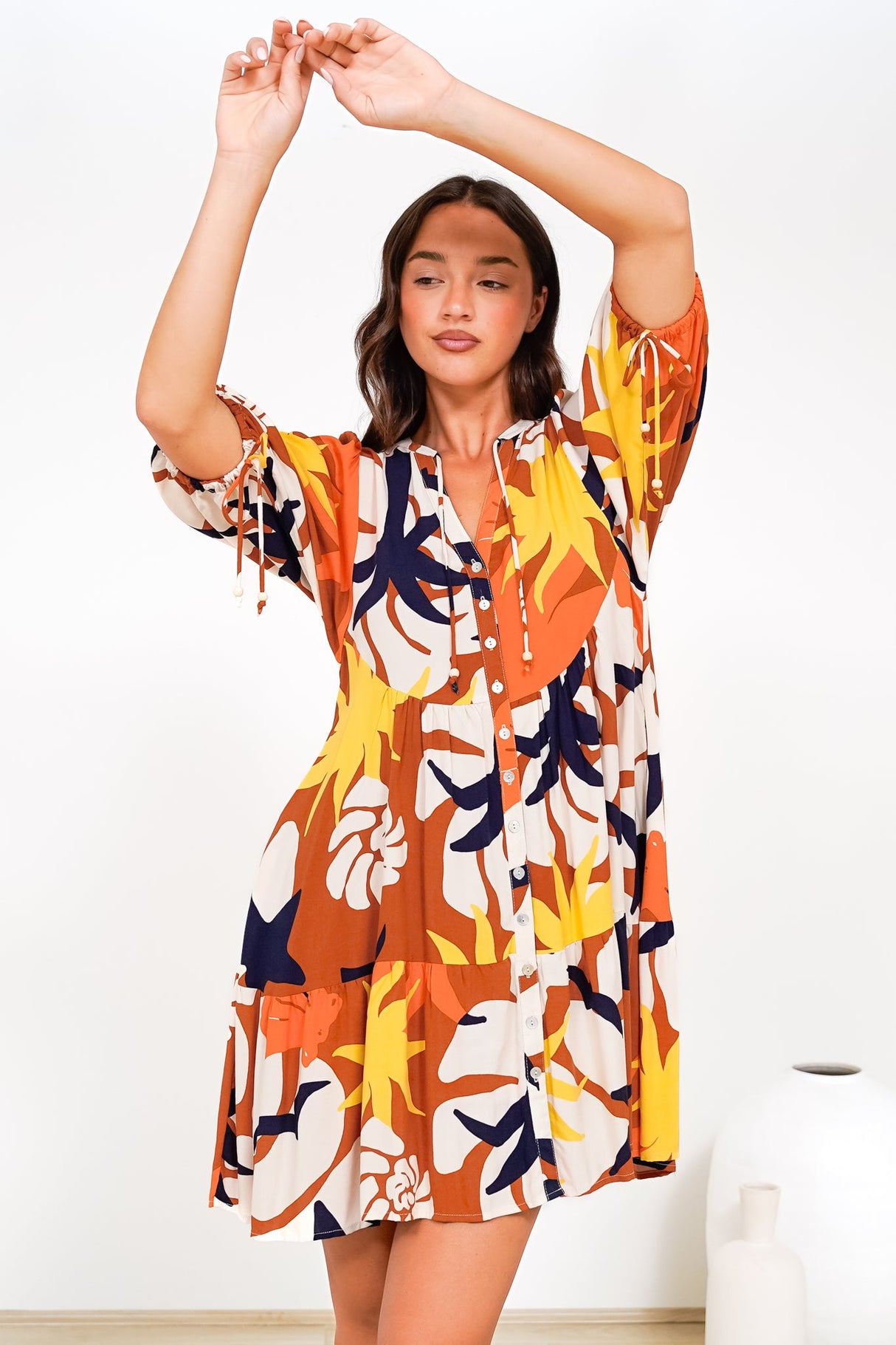 Lea Mini Dress - 3/4 Sleeve Babydoll Dress in Simba Print