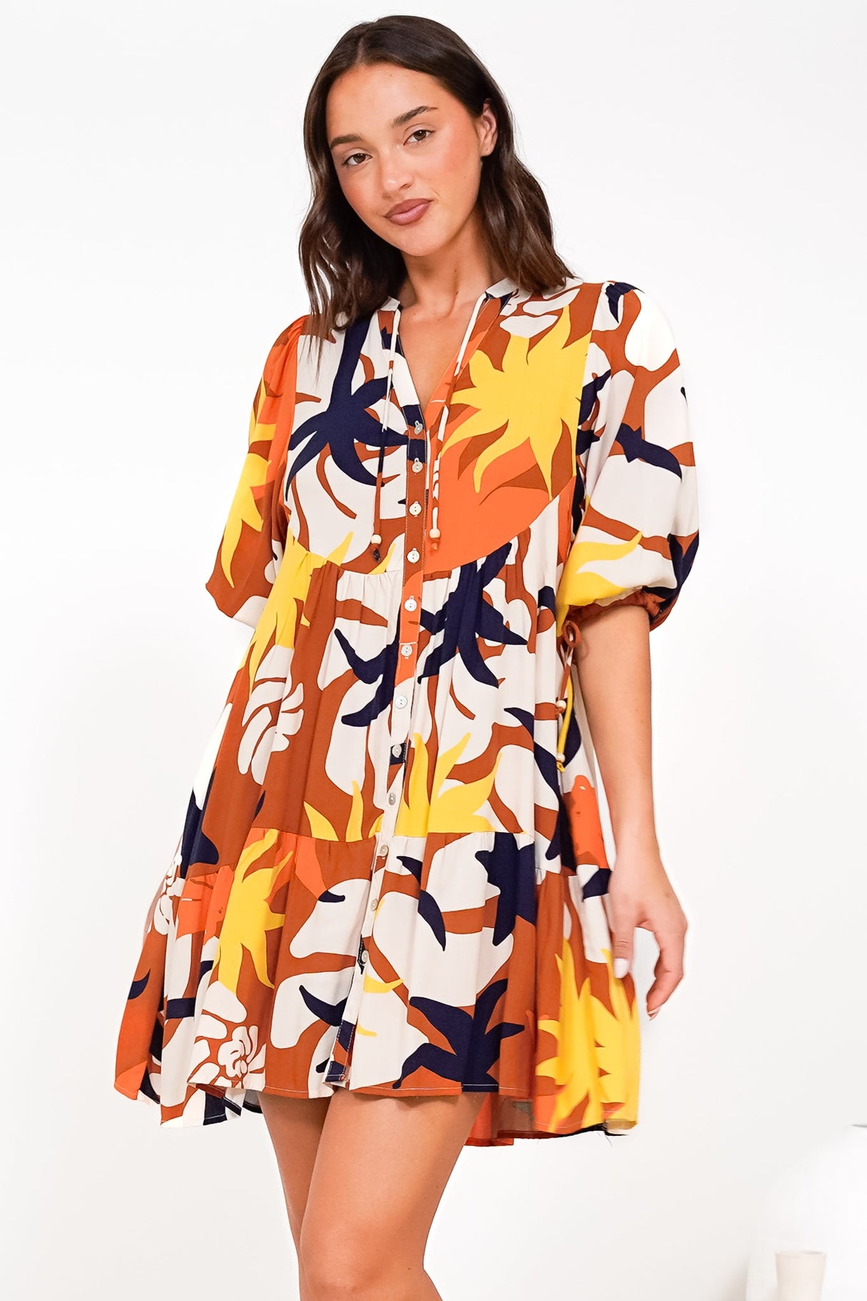Lea Mini Dress - 3/4 Sleeve Babydoll Dress in Simba Print