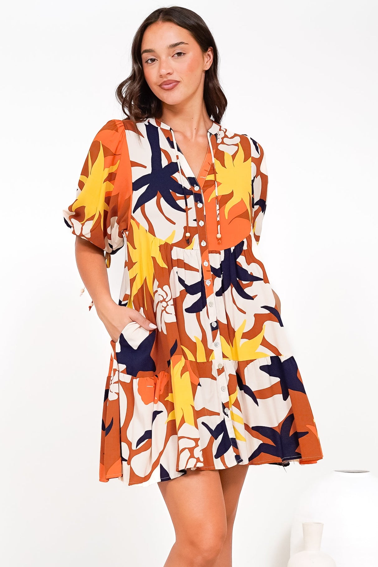 Lea Mini Dress - 3/4 Sleeve Babydoll Dress in Simba Print