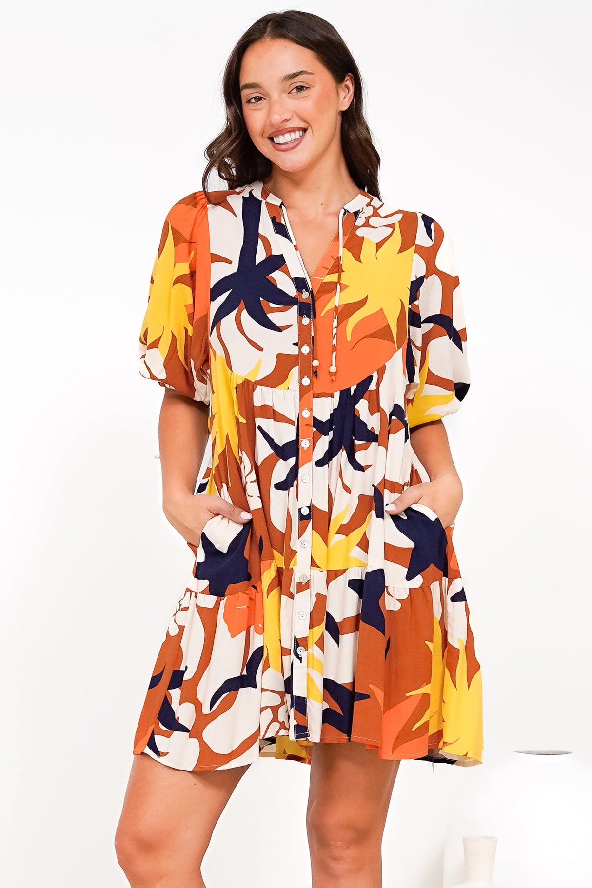 Lea Mini Dress - 3/4 Sleeve Babydoll Dress in Simba Print