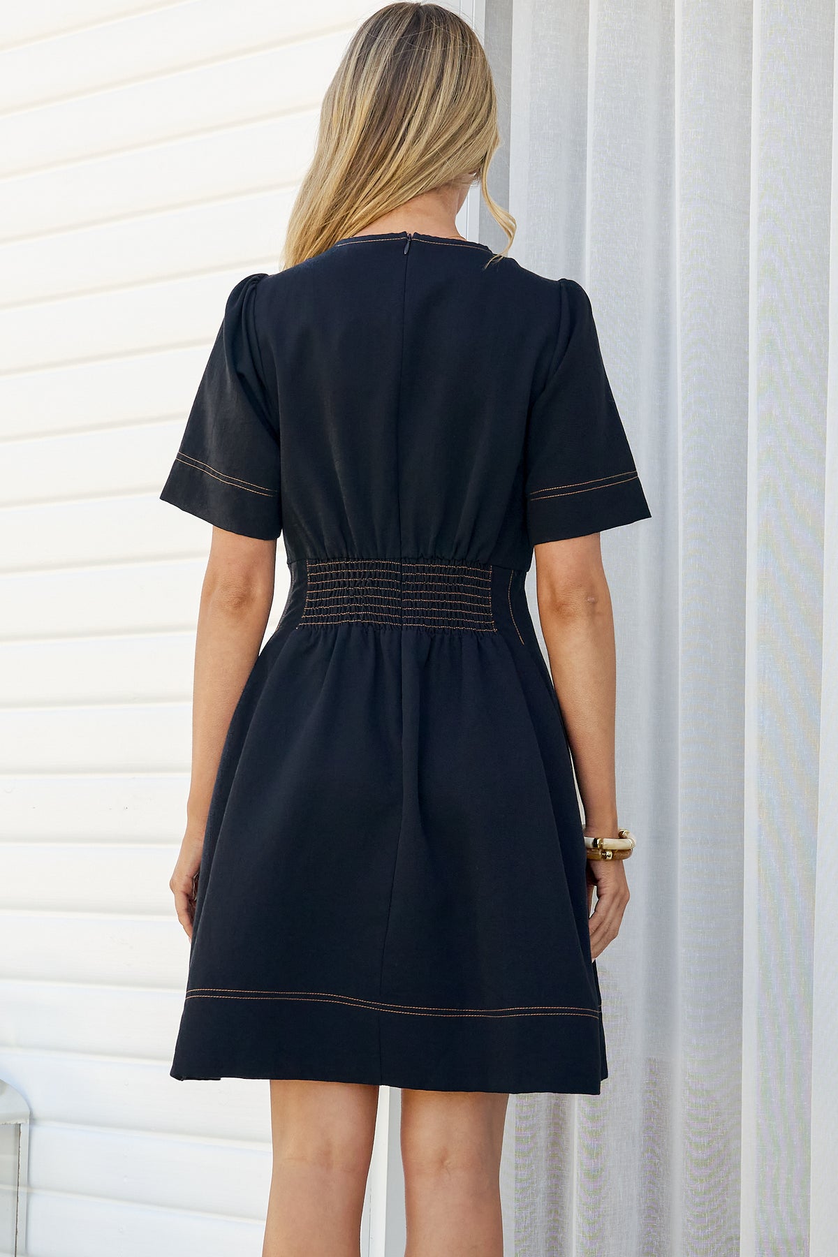 Leanne Mini Dress - V Neck A Line Dress with Pleated Skirt in Dark Denim
