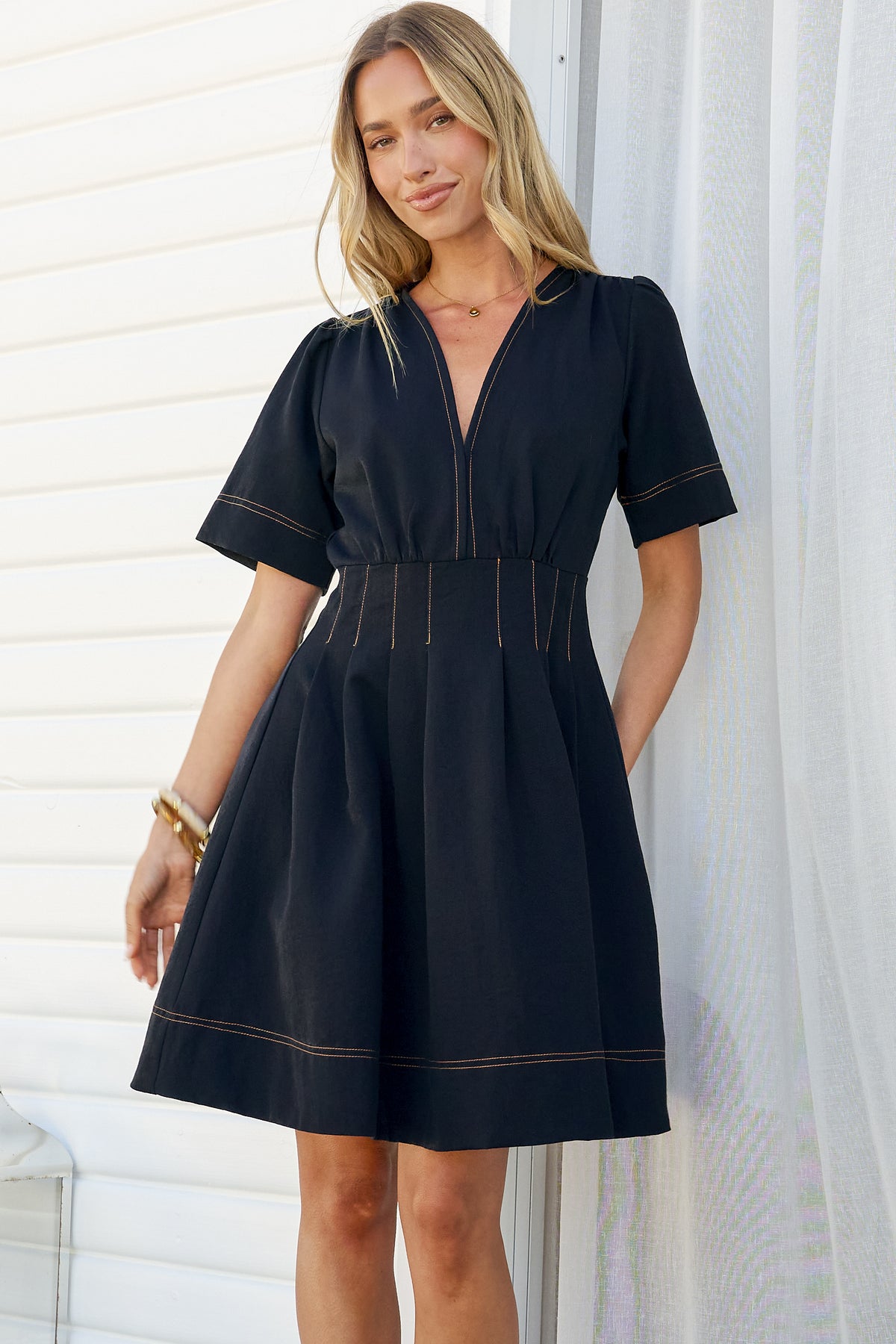 Leanne Mini Dress - V Neck A Line Dress with Pleated Skirt in Dark Denim