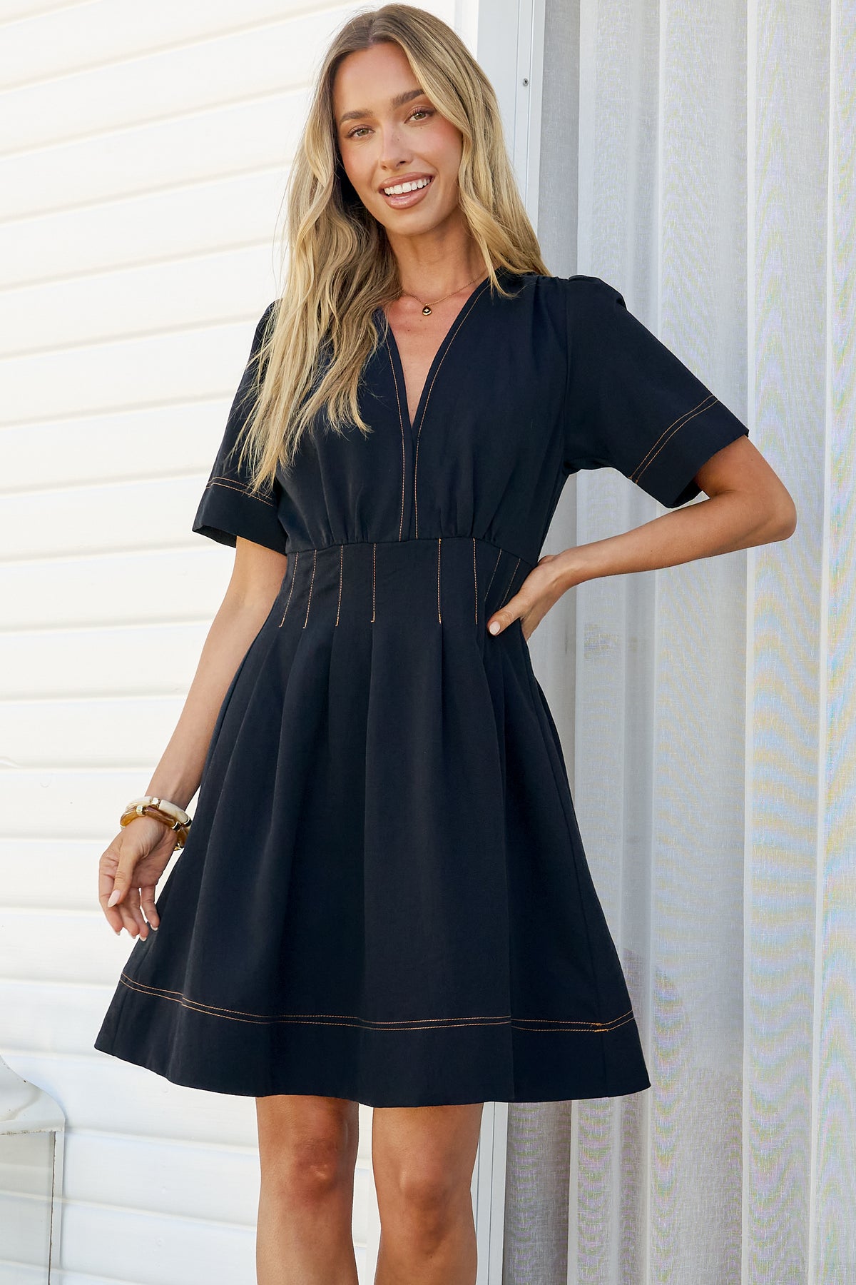 Leanne Mini Dress - V Neck A Line Dress with Pleated Skirt in Dark Denim