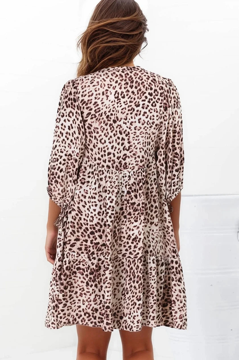 Leila Mini Dress - Mandarin Collar Balloon Sleeve with Tie Detail Smock Dress in Tatum Print