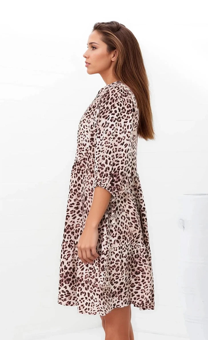 Leila Mini Dress - Mandarin Collar Balloon Sleeve with Tie Detail Smock Dress in Tatum Print