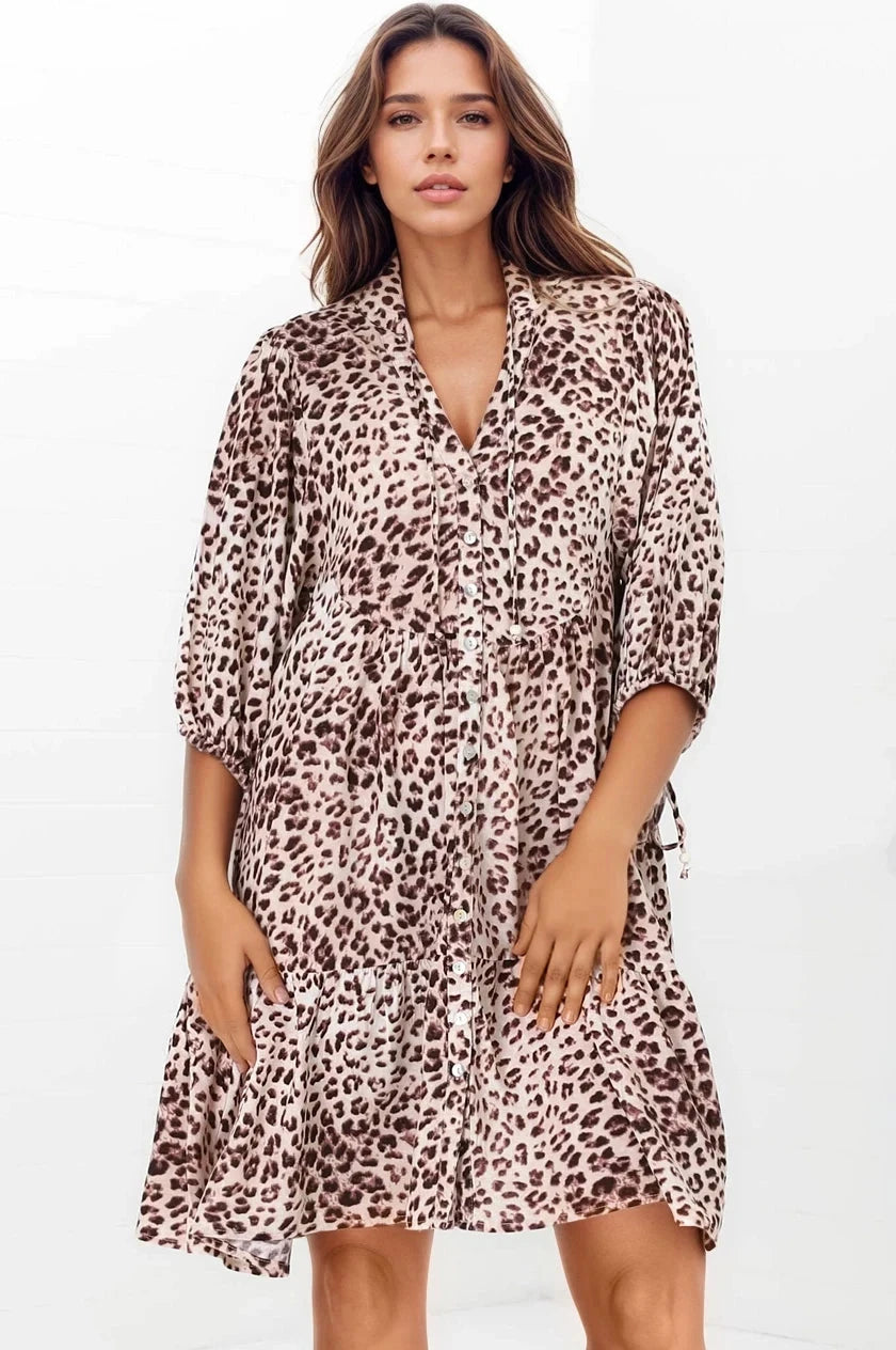Leila Mini Dress - Mandarin Collar Balloon Sleeve with Tie Detail Smock Dress in Tatum Print