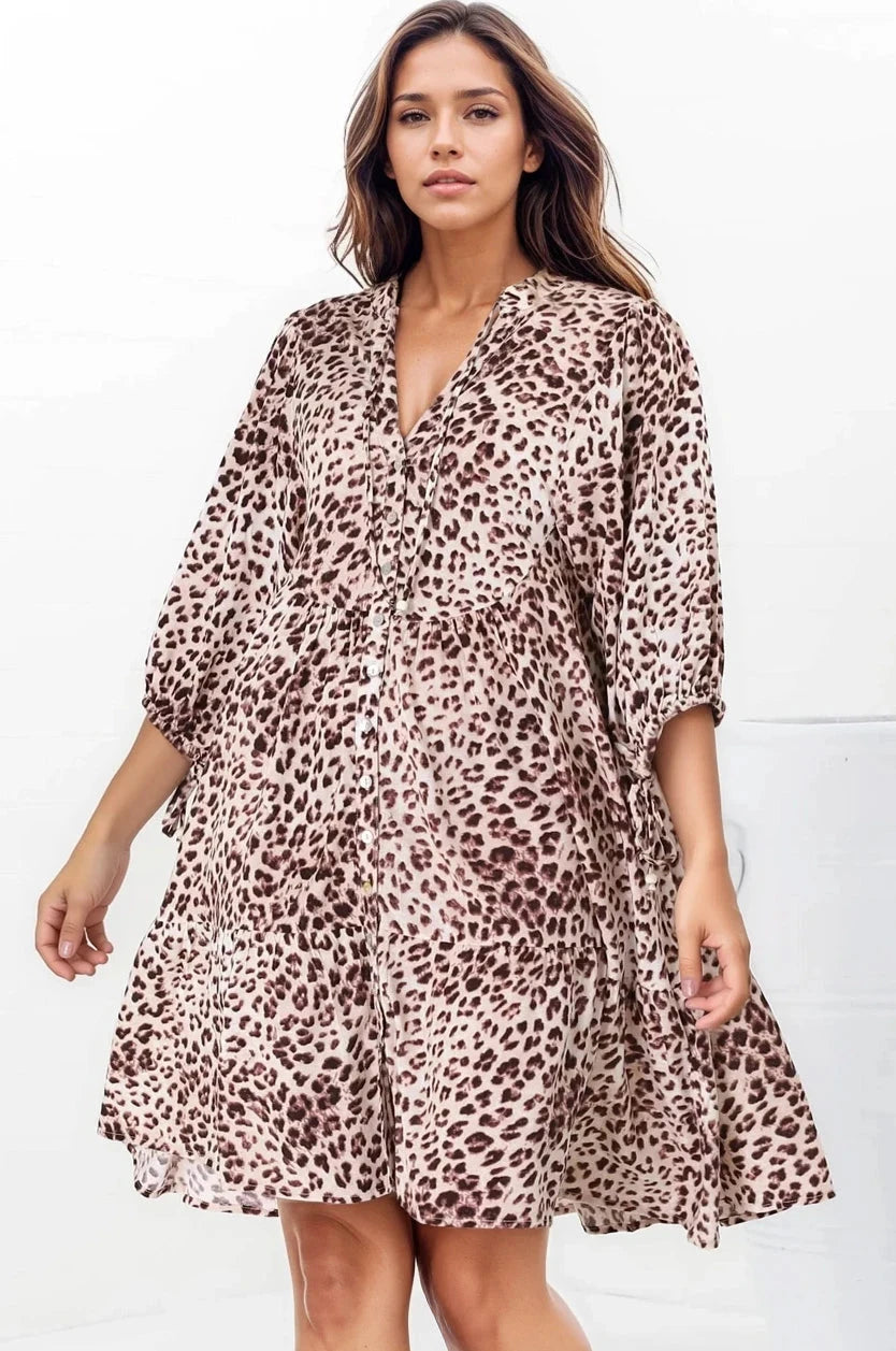Leila Mini Dress - Mandarin Collar Balloon Sleeve with Tie Detail Smock Dress in Tatum Print