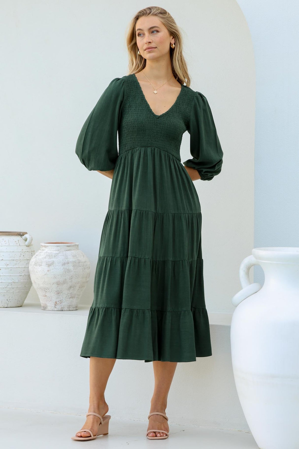 Lellah Midi Dress - Shirred Bodice Soft V Neck Tiered Dress in Green