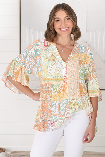 Lemzie Top - A-Symmetric Detailed Button Bust Smock Top In Yellow