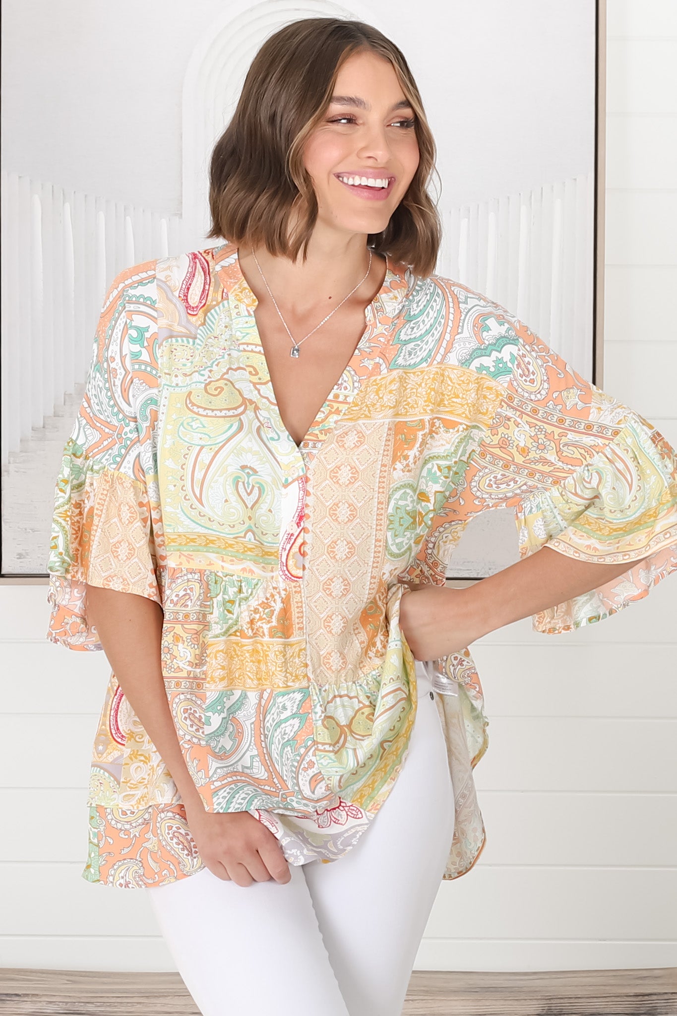 Lemzie Top - A-Symmetric Detailed Button Bust Smock Top In Yellow