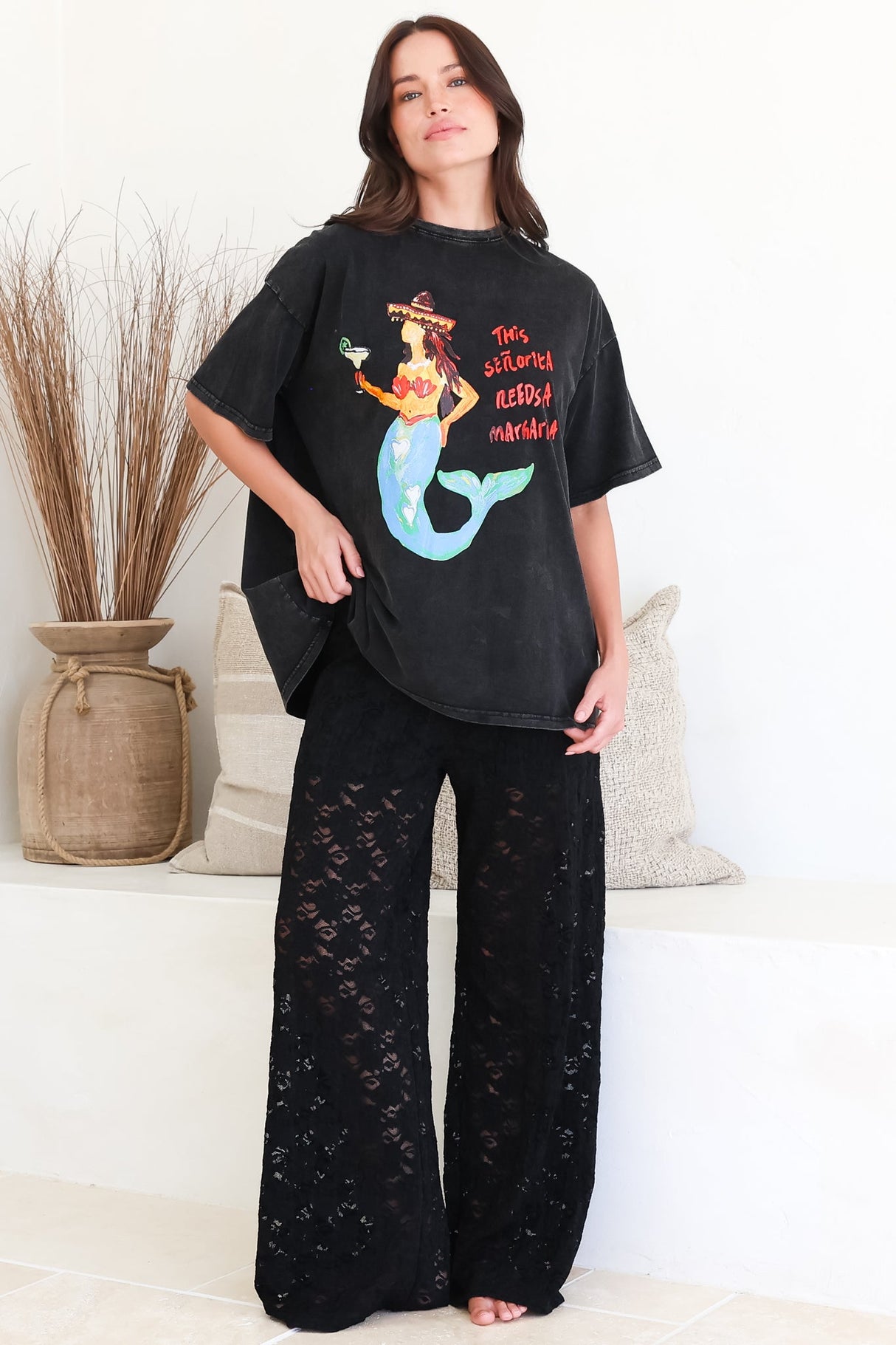 Model wearing Lenka Lace Pants in Black from Salty Crush