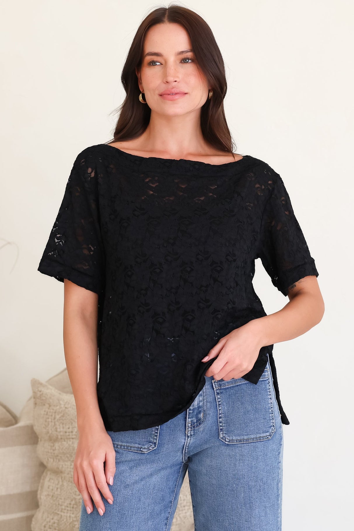 Lenka Lace Top - Asymmetric Relaxed Floral Lace Tee with Side Splits in Black