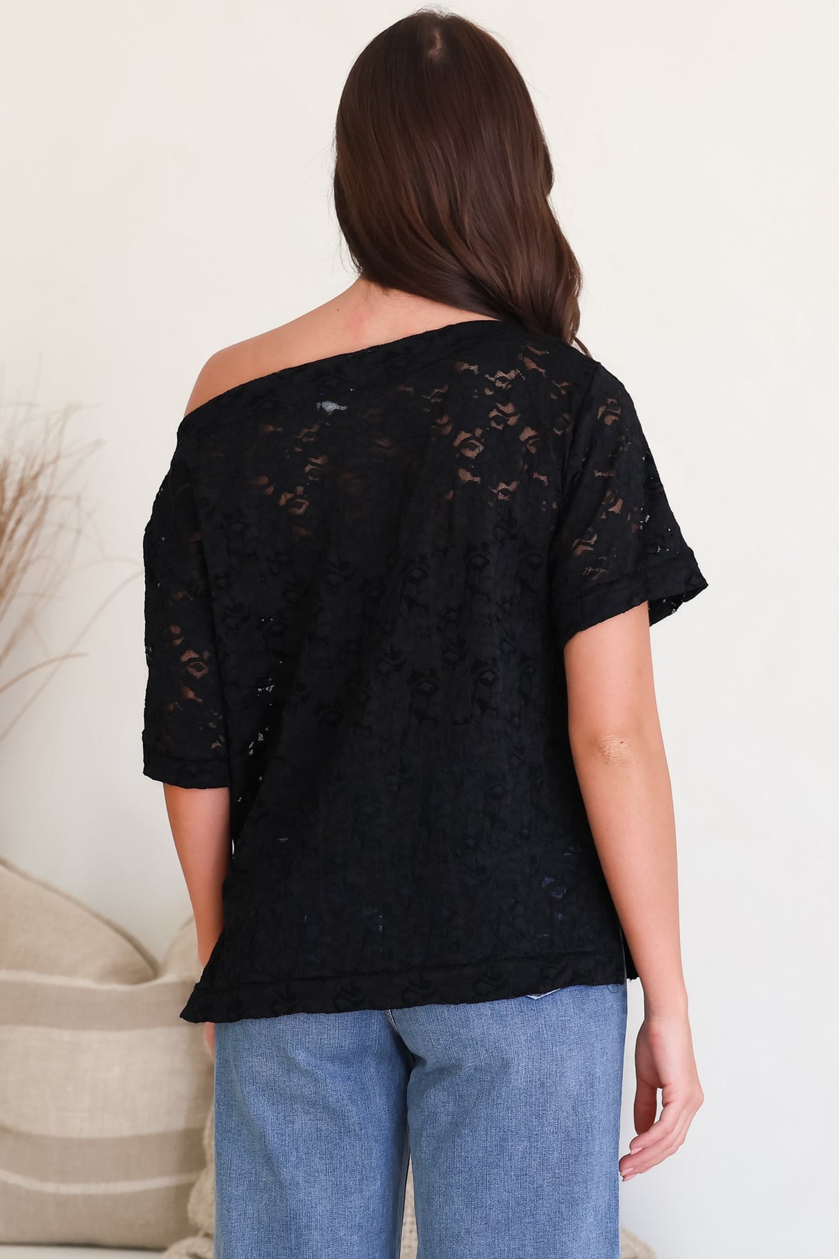 Lenka Lace Top - Asymmetric Relaxed Floral Lace Tee with Side Splits in Black