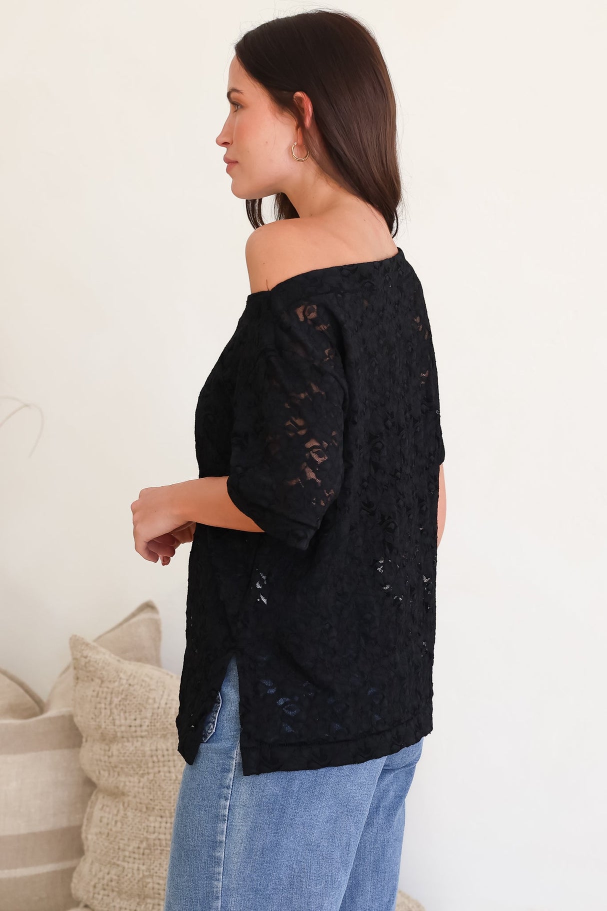 Lenka Lace Top - Asymmetric Relaxed Floral Lace Tee with Side Splits in Black