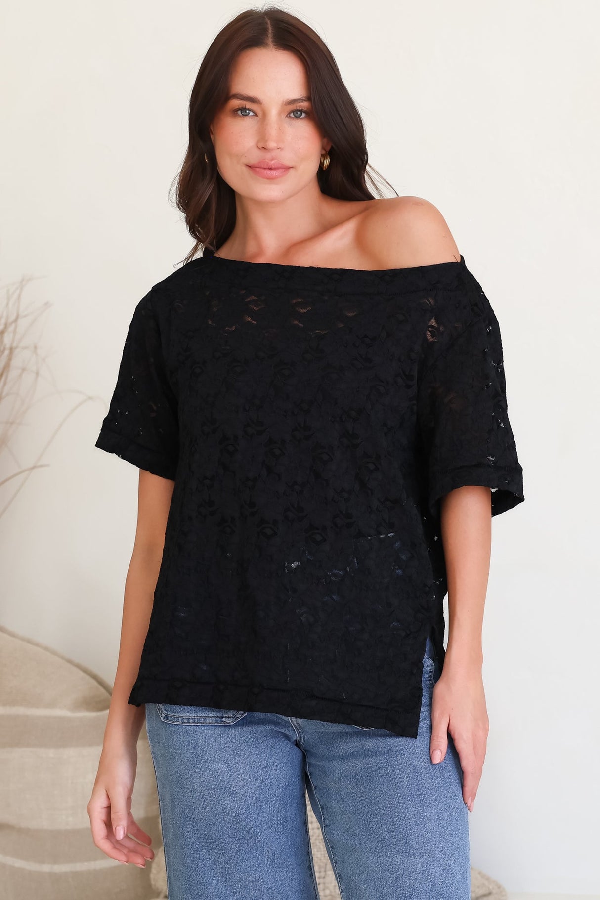 Model wearing Lenka Lace Top in Black from Salty Crush