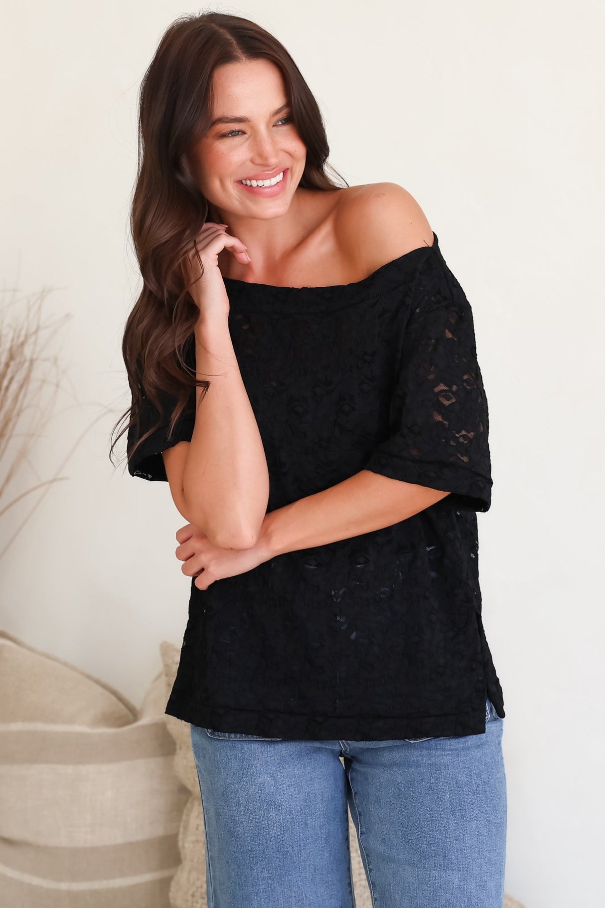 Lenka Lace Top - Asymmetric Relaxed Floral Lace Tee with Side Splits in Black