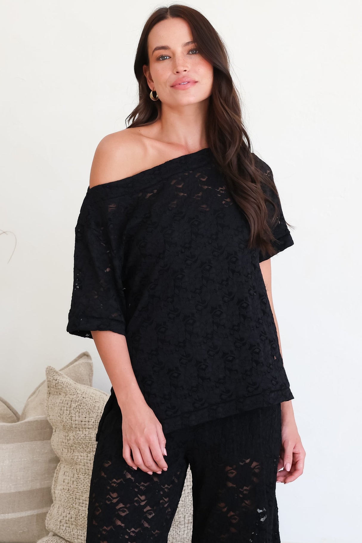 Lenka Lace Top - Asymmetric Relaxed Floral Lace Tee with Side Splits in Black