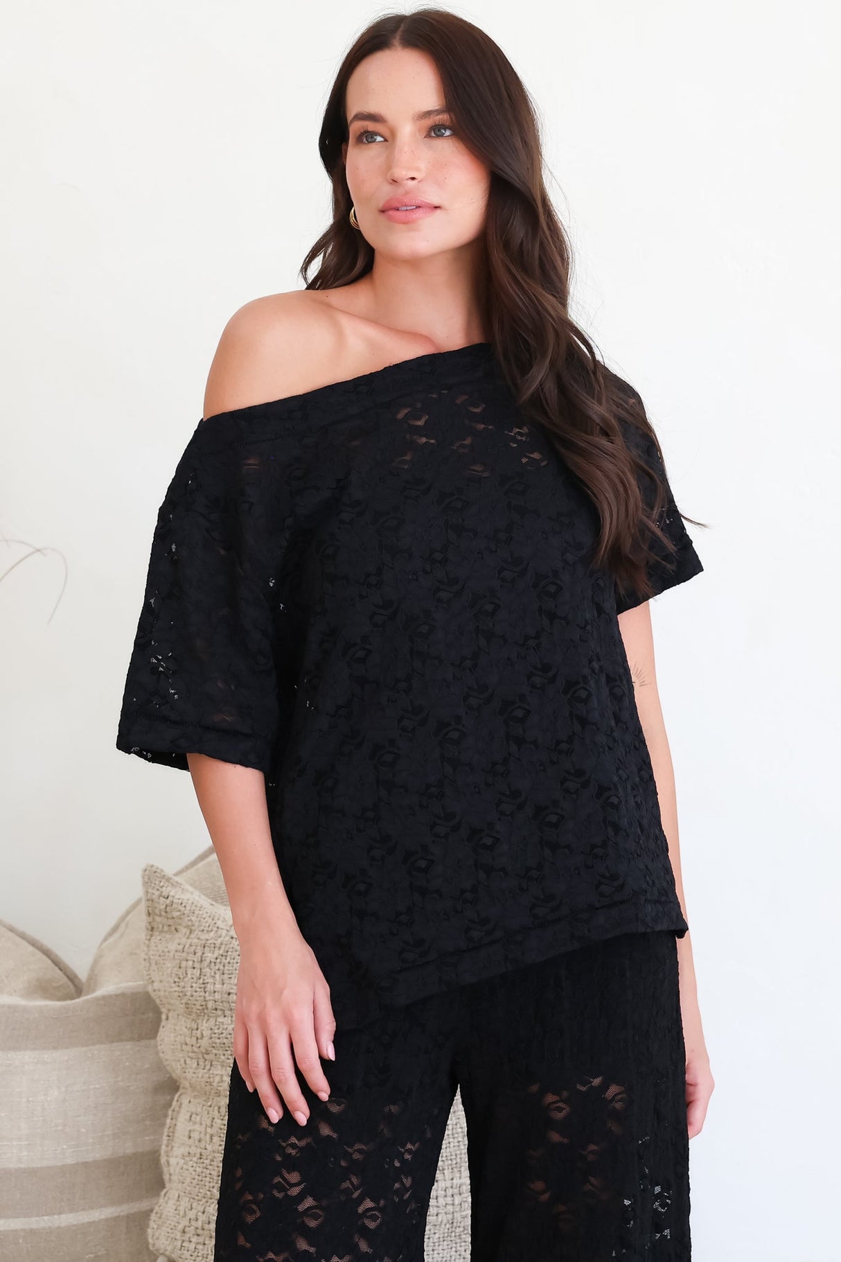 Lenka Lace Top - Asymmetric Relaxed Floral Lace Tee with Side Splits in Black