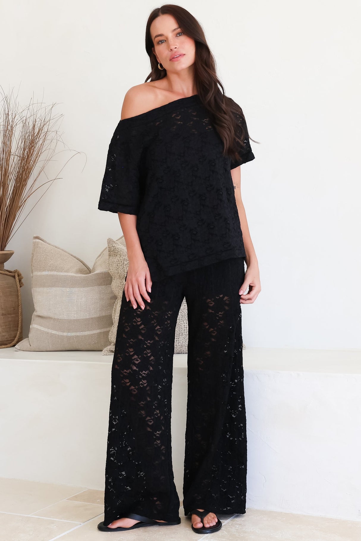 Lenka Lace Pants - High Waisted Floral Lace Pants with Built in Shorts in Black