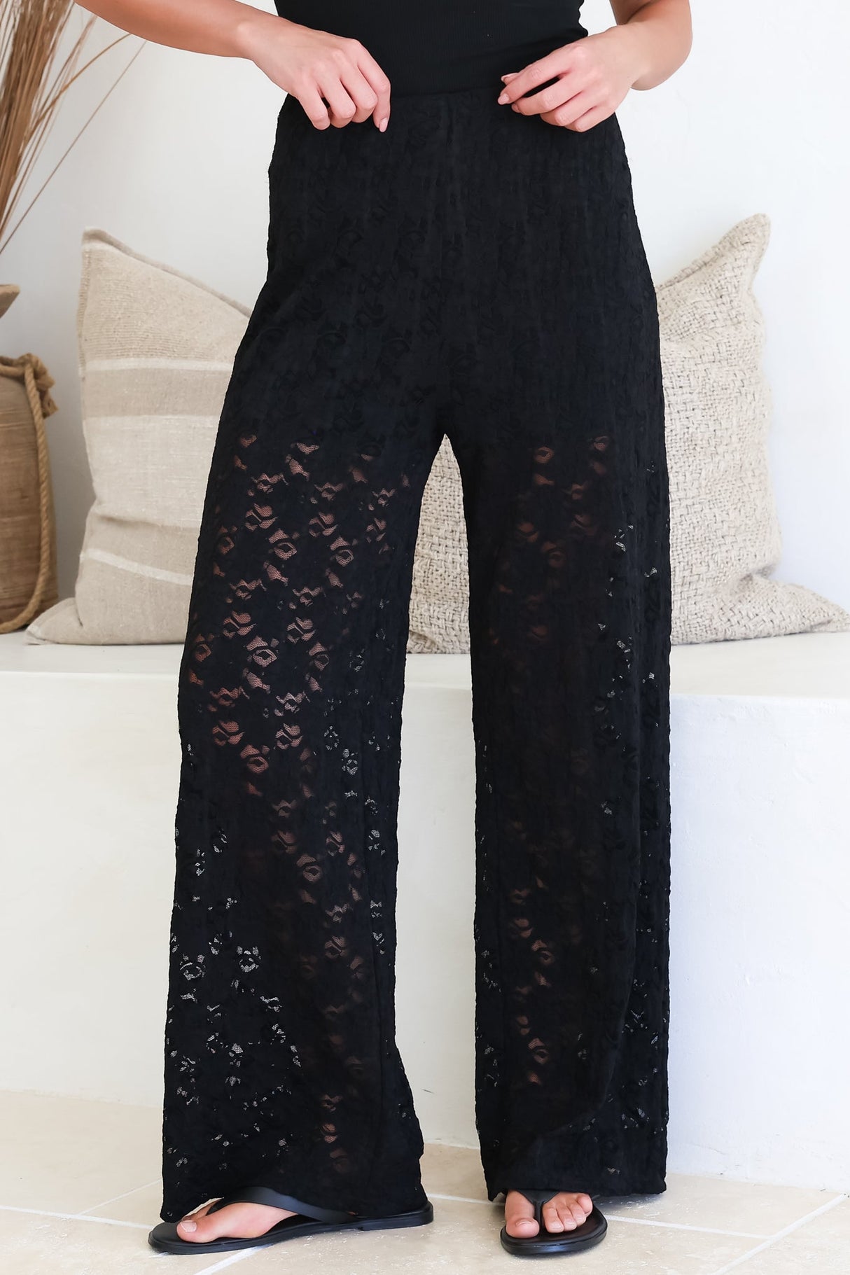 Lenka Lace Pants - High Waisted Floral Lace Pants with Built in Shorts in Black