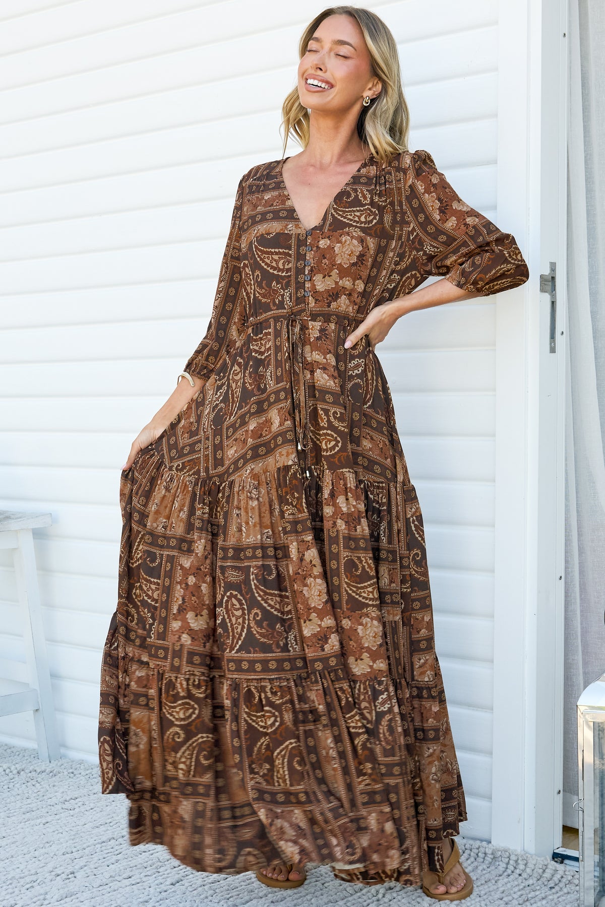 Lenna Maxi Dress - V Neck 3/4 Sleeve A-Line Dress with Pull Tie Waist and Front Split in Mahalla Print