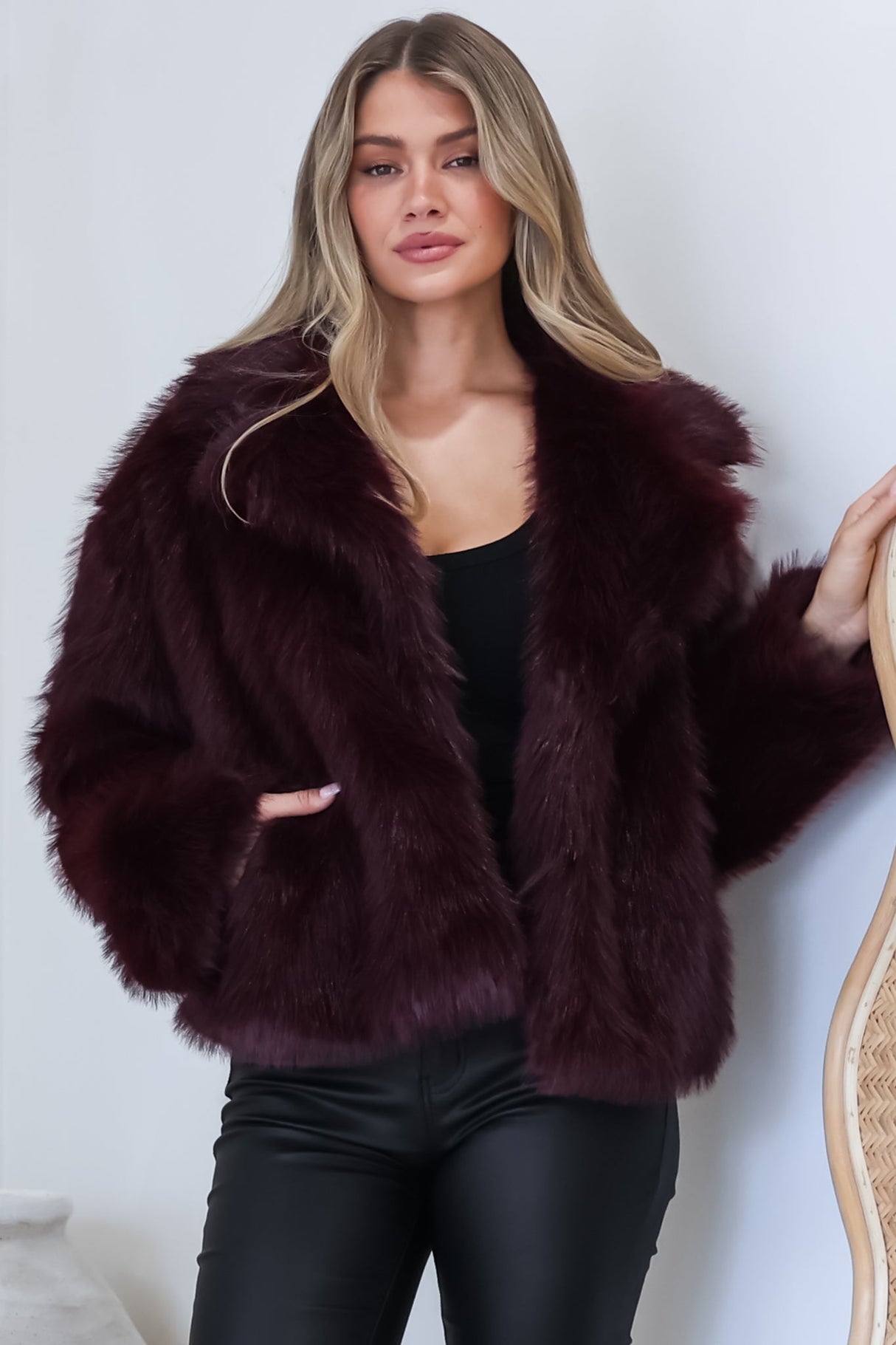 Model wearing Letoile Coat in Burgundy from Salty Crush
