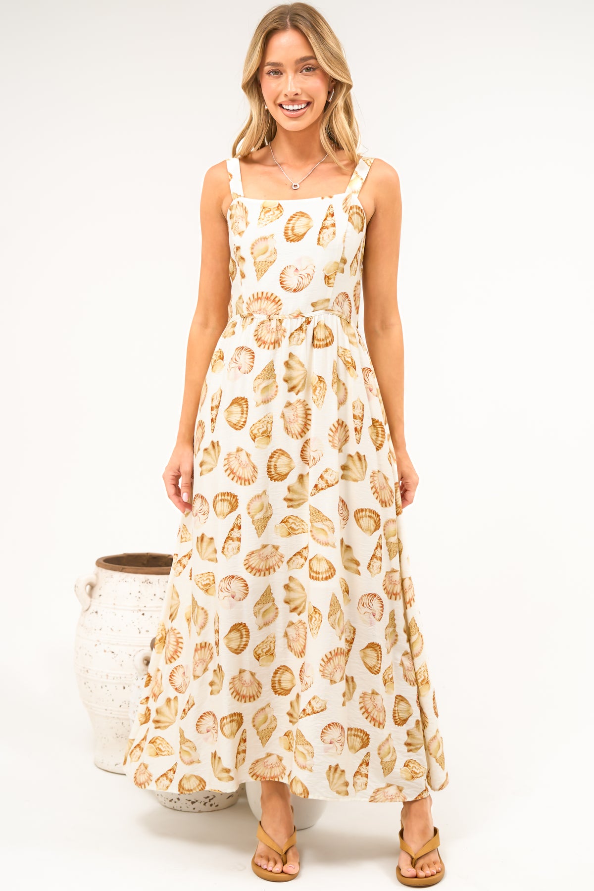 Lexah Maxi Dress - Embroidered A Line Dress with Pockets in Scallina Print Beige