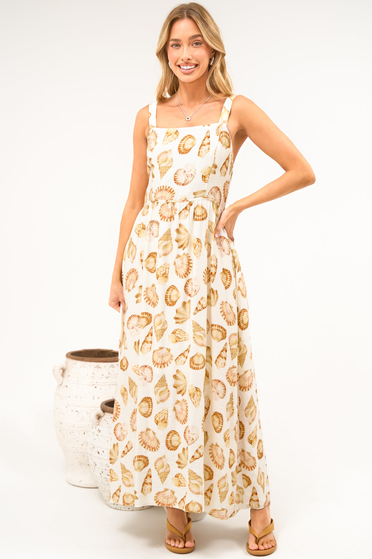 Lexah Maxi Dress - Embroidered A Line Dress with Pockets in Scallina Print Beige