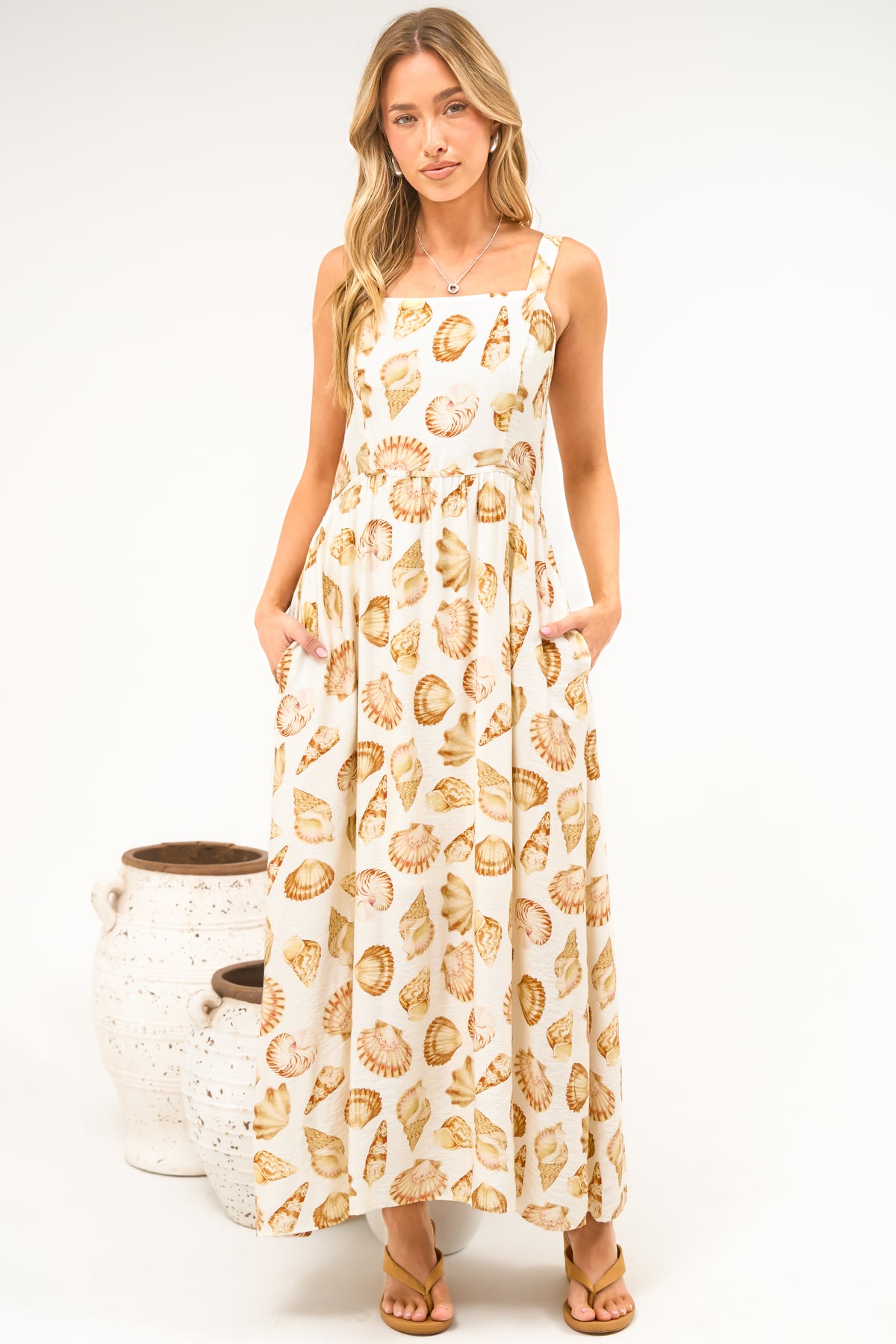 Lexah Maxi Dress - Embroidered A Line Dress with Pockets in Scallina Print Beige