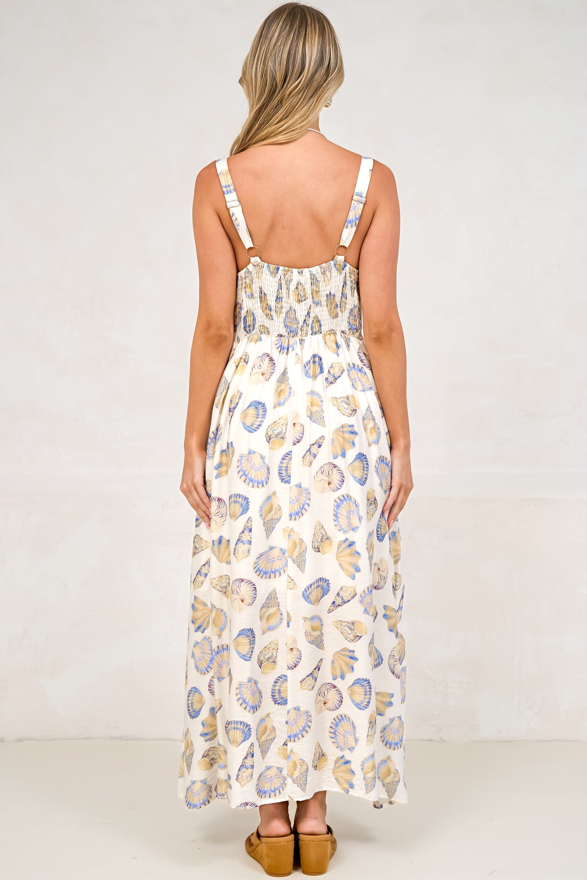 Lexah Maxi Dress - Embroidered A Line Dress with Pockets in Scallina Print Blue