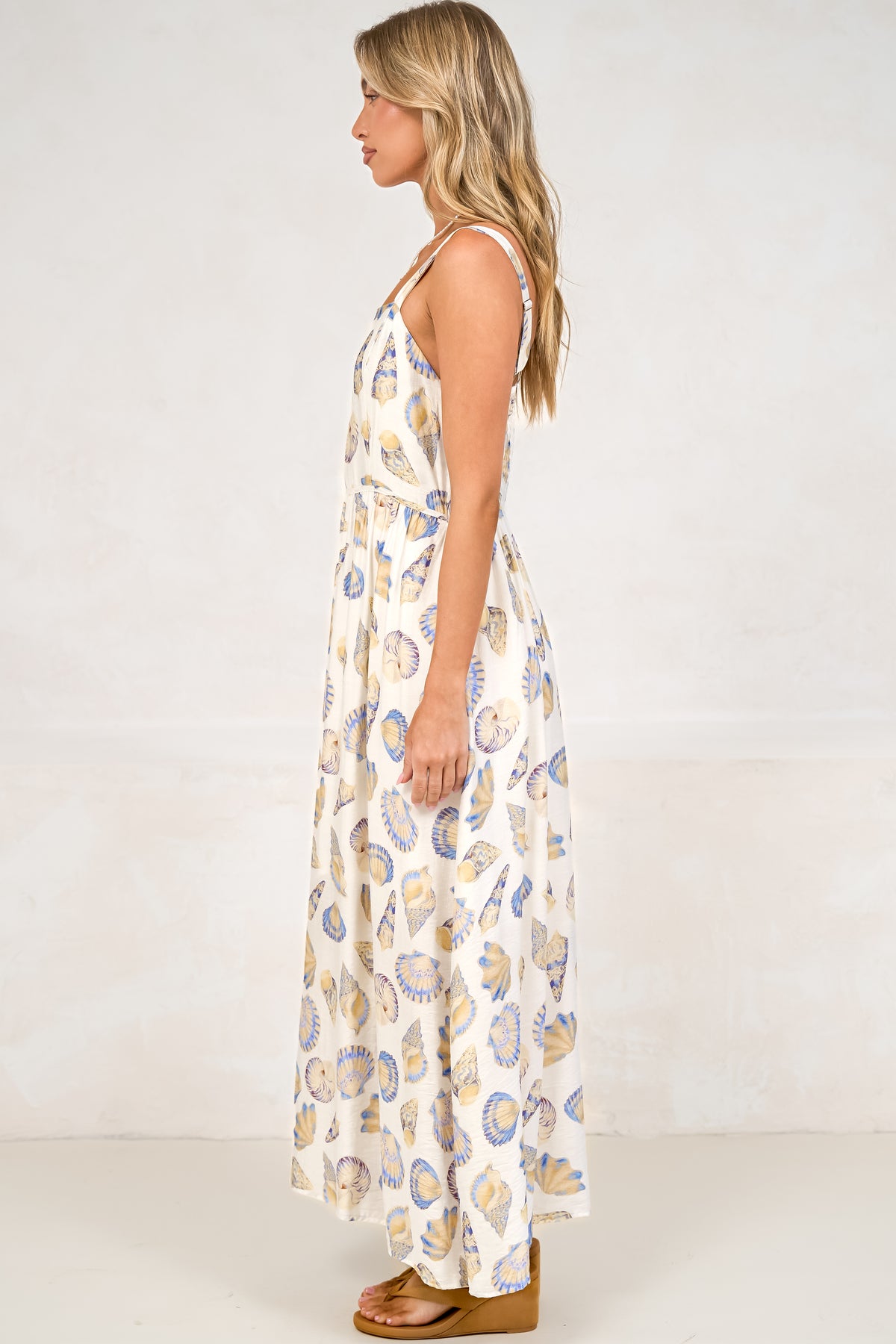 Lexah Maxi Dress - Embroidered A Line Dress with Pockets in Scallina Print Blue