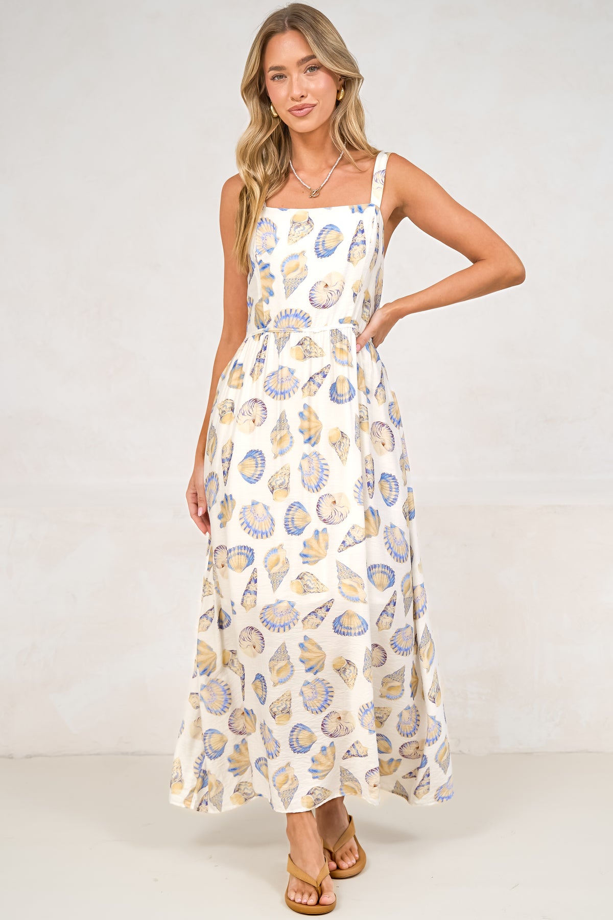 Lexah Maxi Dress - Embroidered A Line Dress with Pockets in Scallina Print Blue