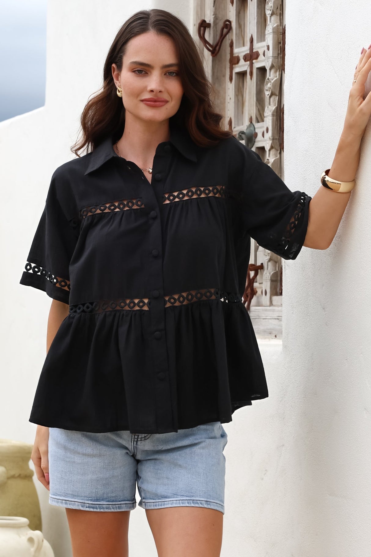 Leyana Shirt - Collared Cut Out Insert Button Down in Black