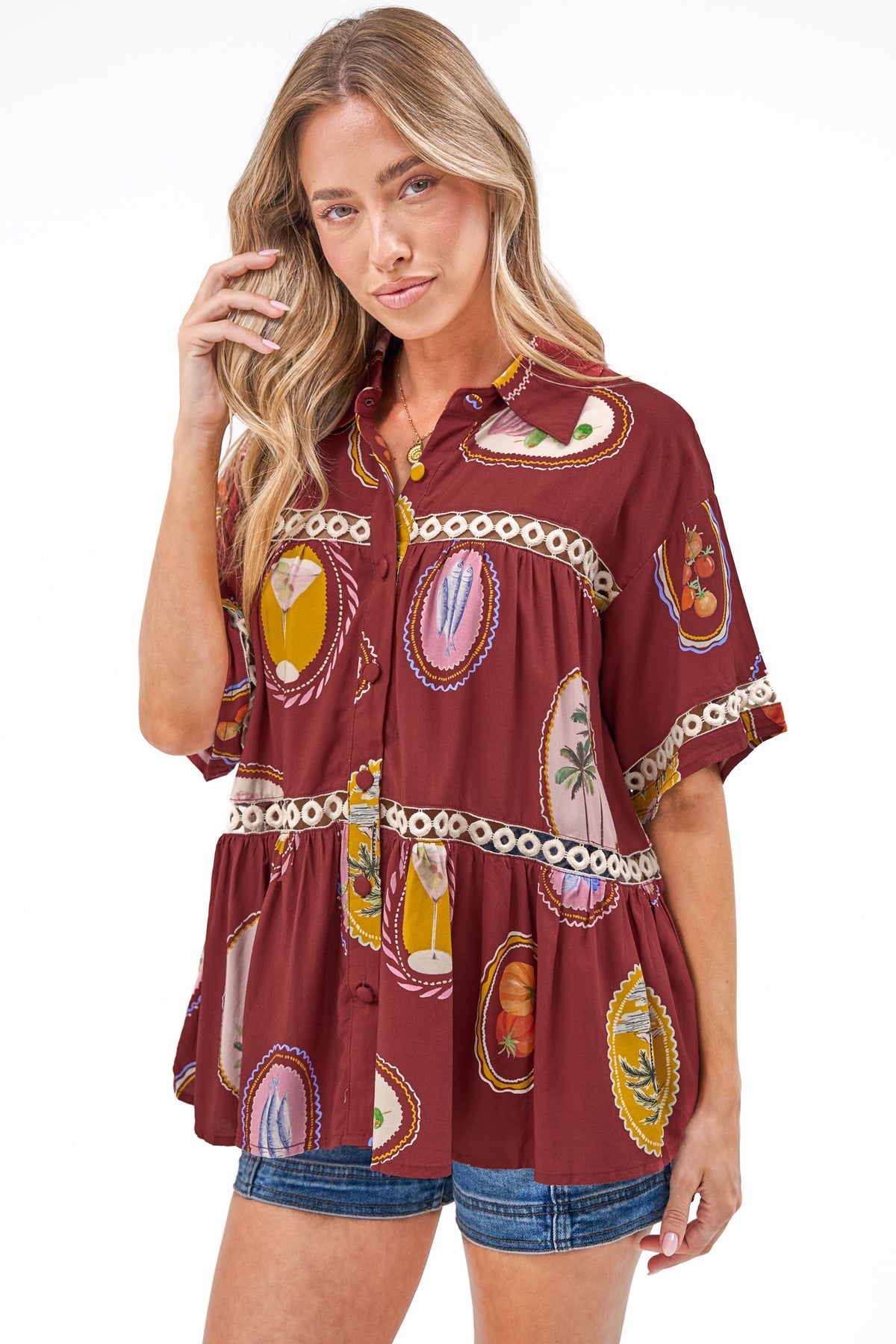Leyana Shirt - Collared Cut Out Insert Button Down in Tamrin Print